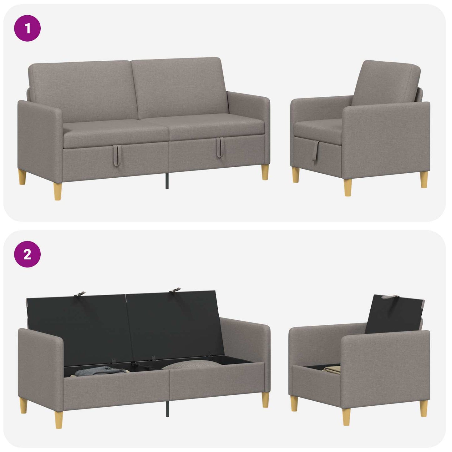 Set di Divani con Storage 2 pz Tortora Poliestere