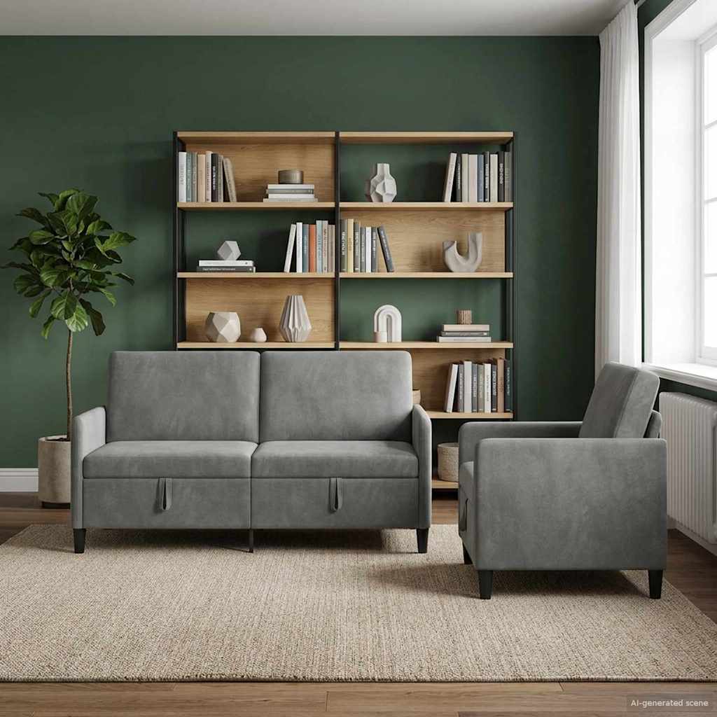 Set di Divani con Storage 2 pz Grigio Scuro Poliestere