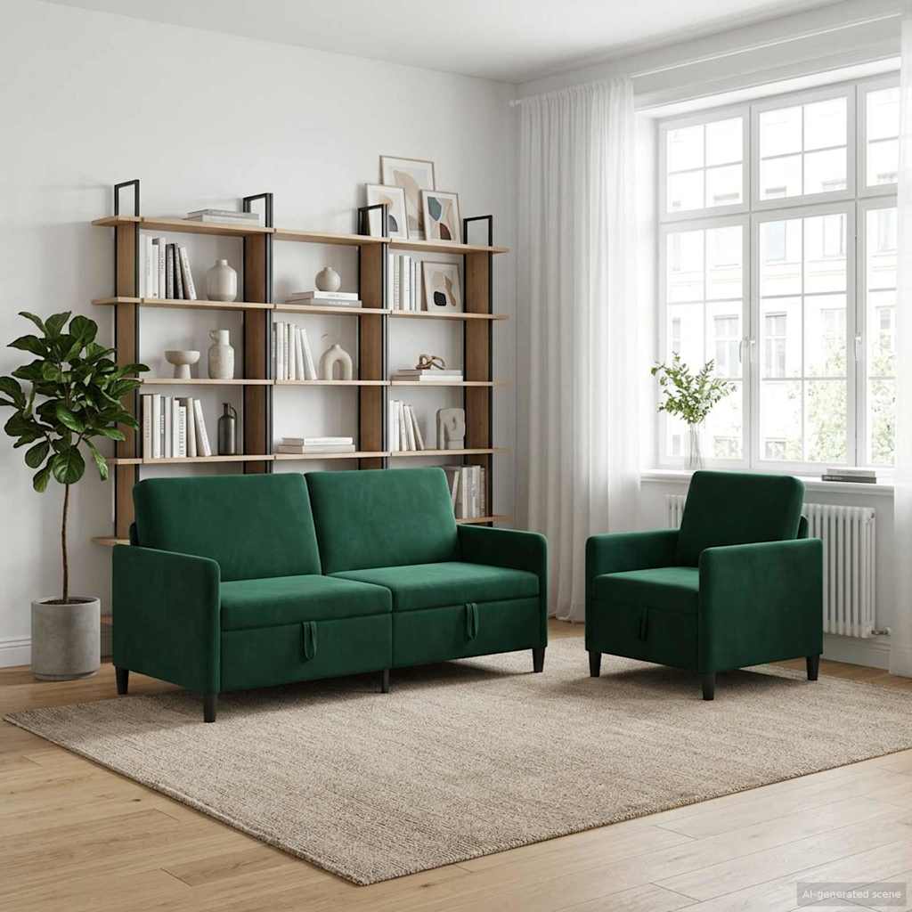 Set di Divani con Storage 2 pz Verde Scuro Poliestere