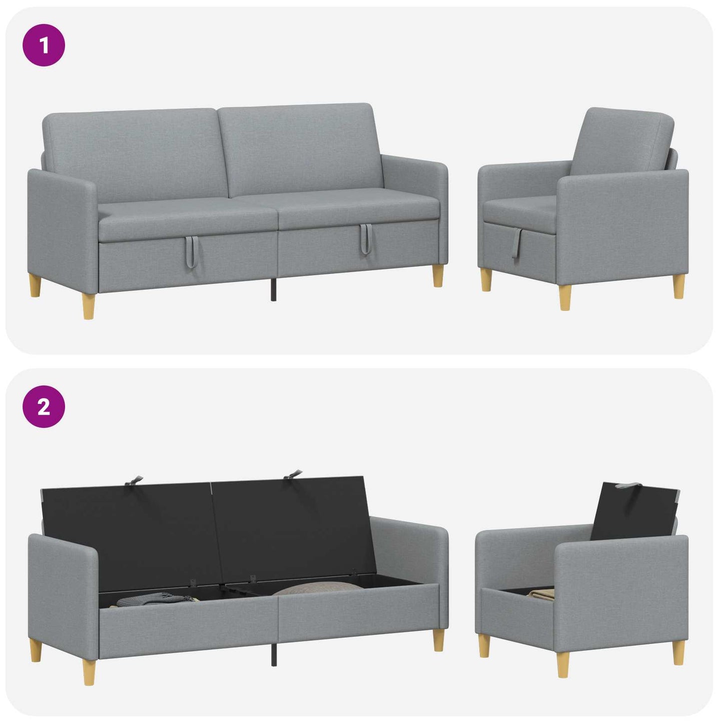 Set di Divani con Storage 2 pcs Grigio Chiaro Poliestere | homemem39