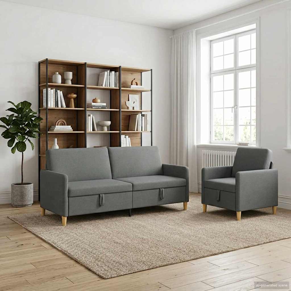 Set di Divani con Storage 2 pz Grigio Scuro Poliestere