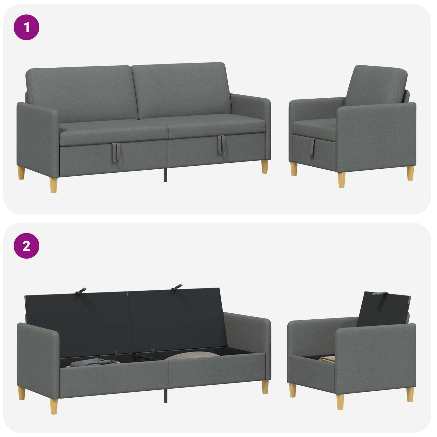 Set di Divani con Storage 2 pz Grigio Scuro Poliestere