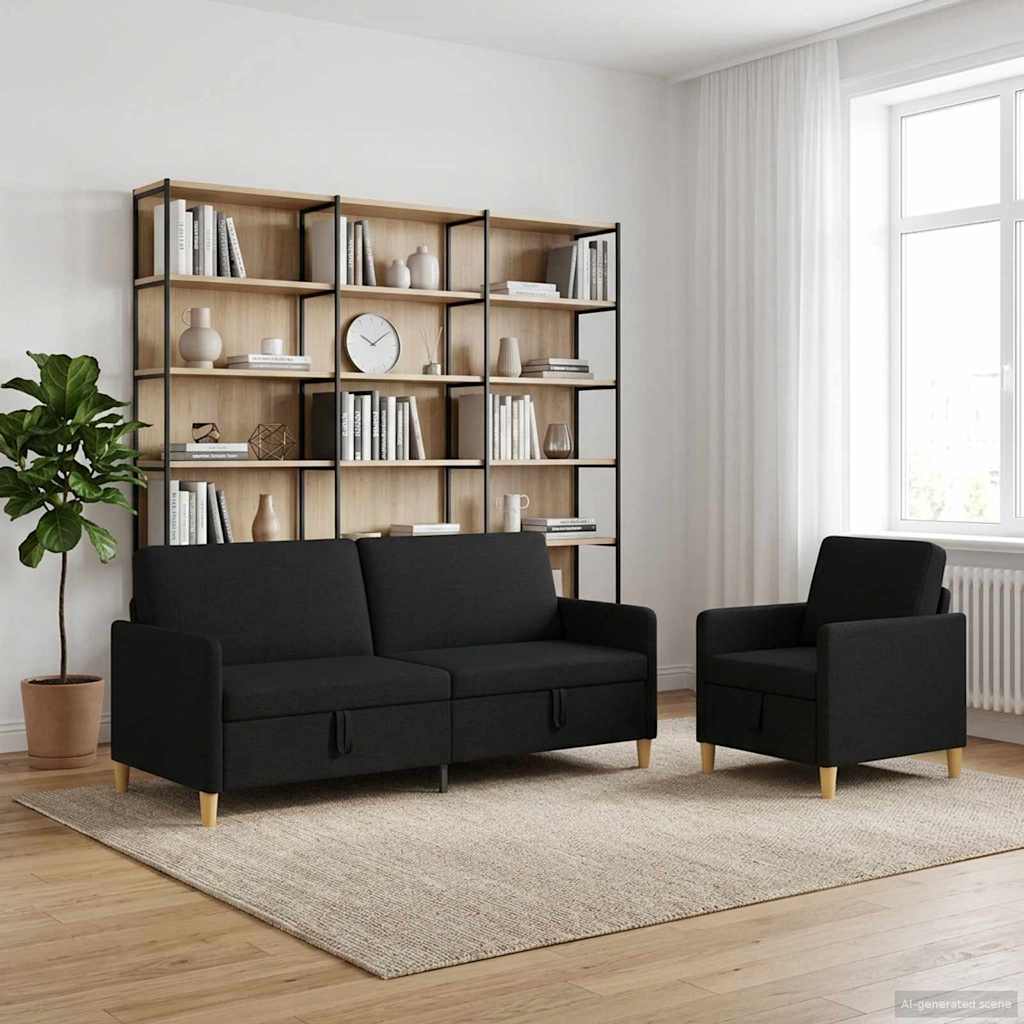 Set di Divani con Storage 2 pz Nero Poliestere