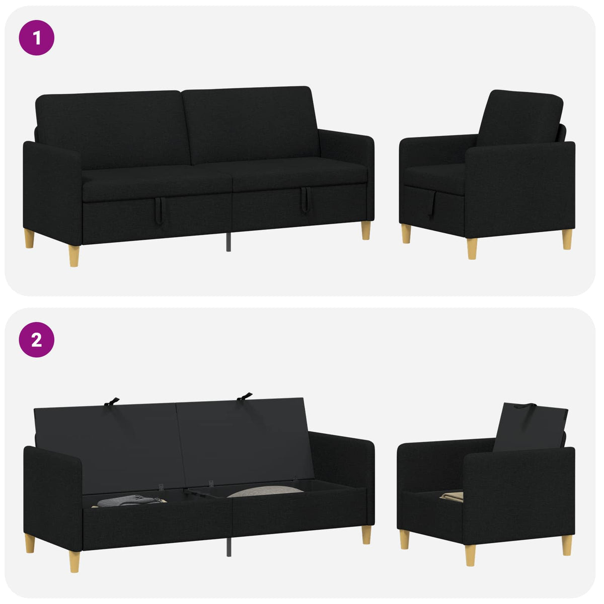Set di Divani con Storage 2 pz Nero Poliestere