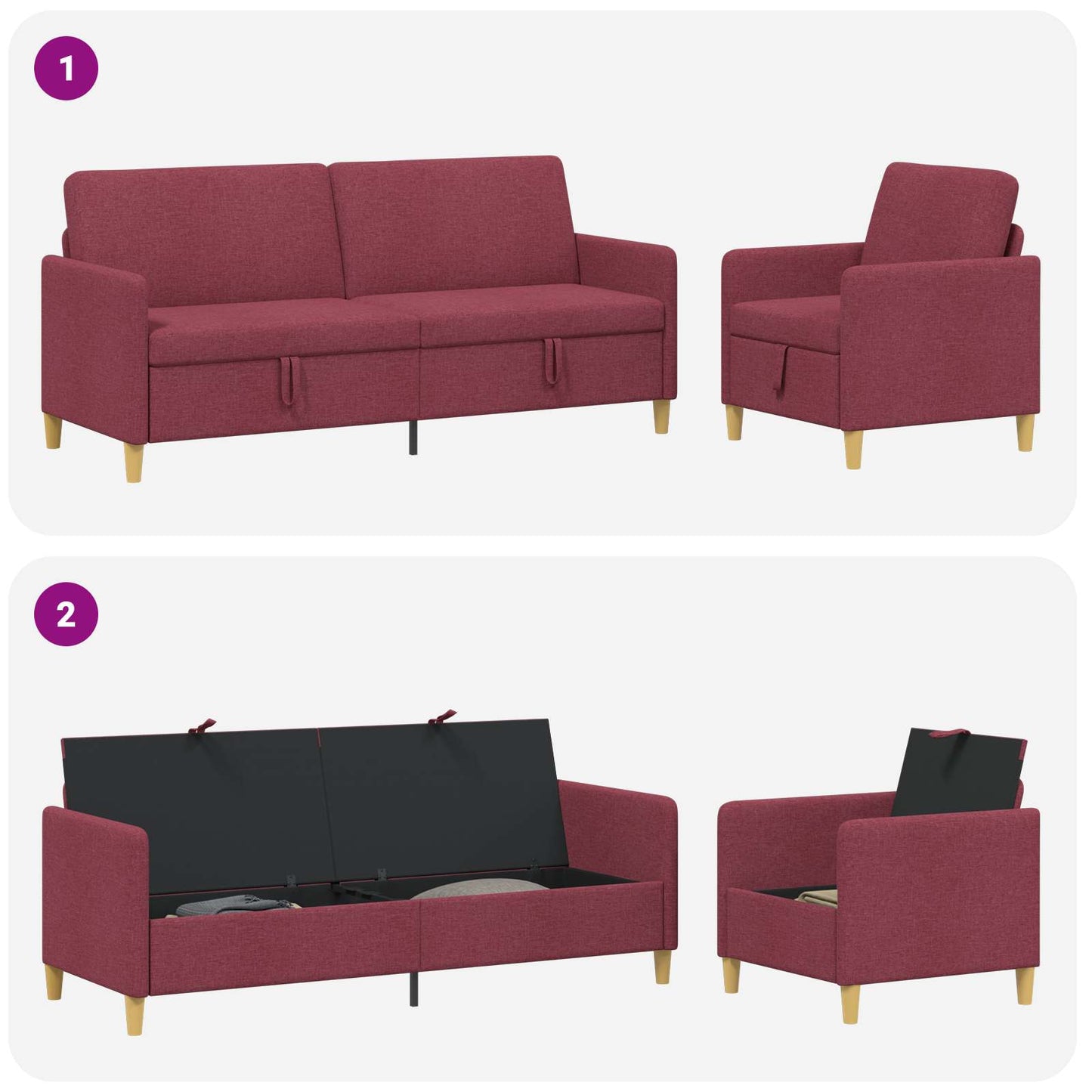 Set di Divani con Storage 2 pcs Rosso Vino Poliestere | homemem39