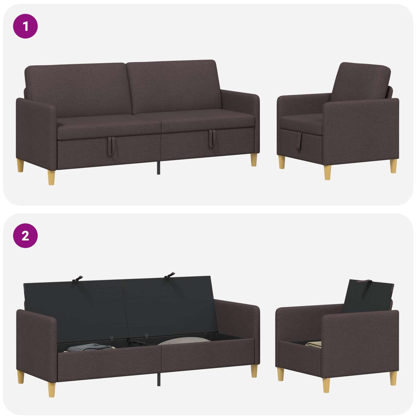 Set di Divani con Storage 2 pz Marrone Scuro Poliestere