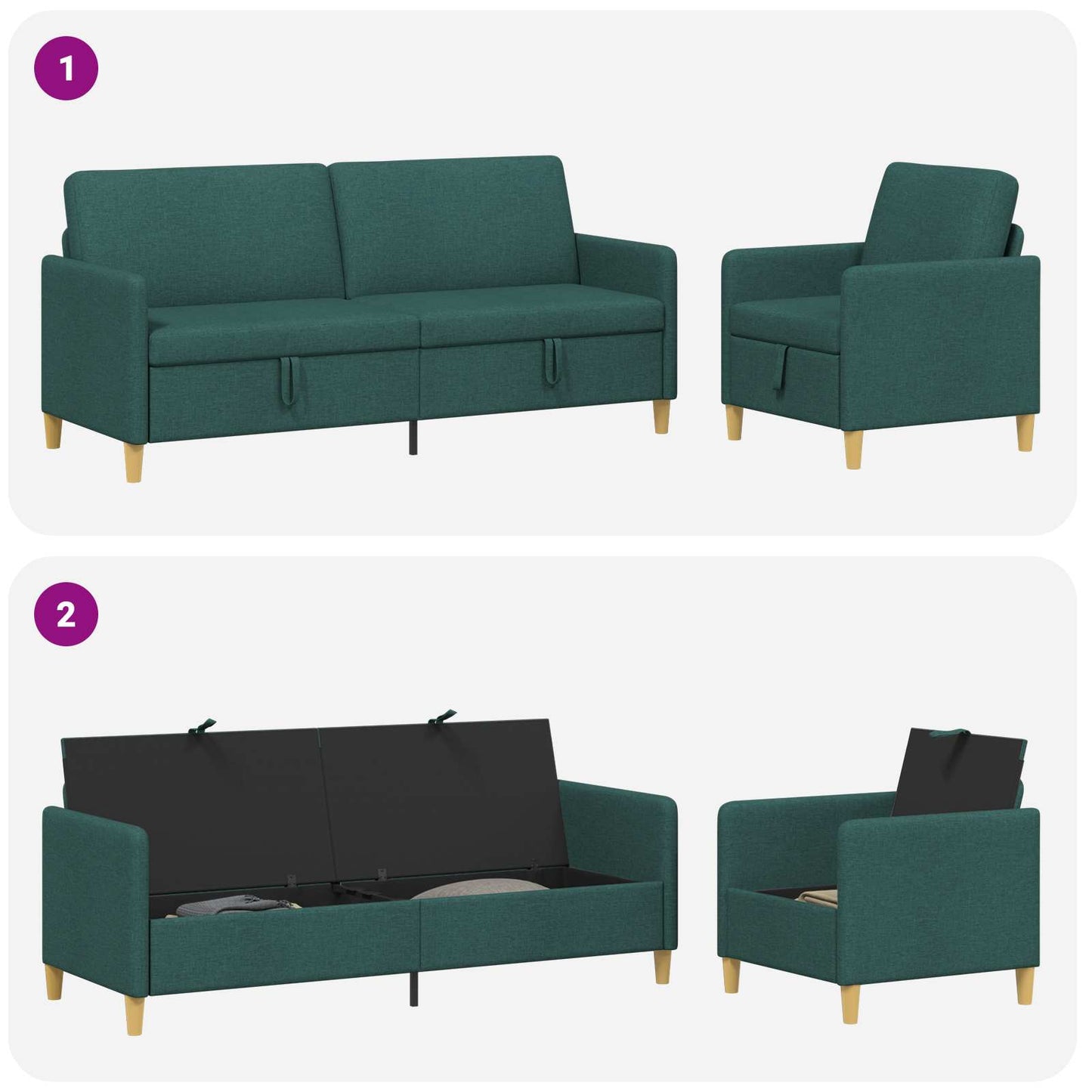 Set di Divani con Storage 2 pcs Verde Scuro Poliestere | homemem39