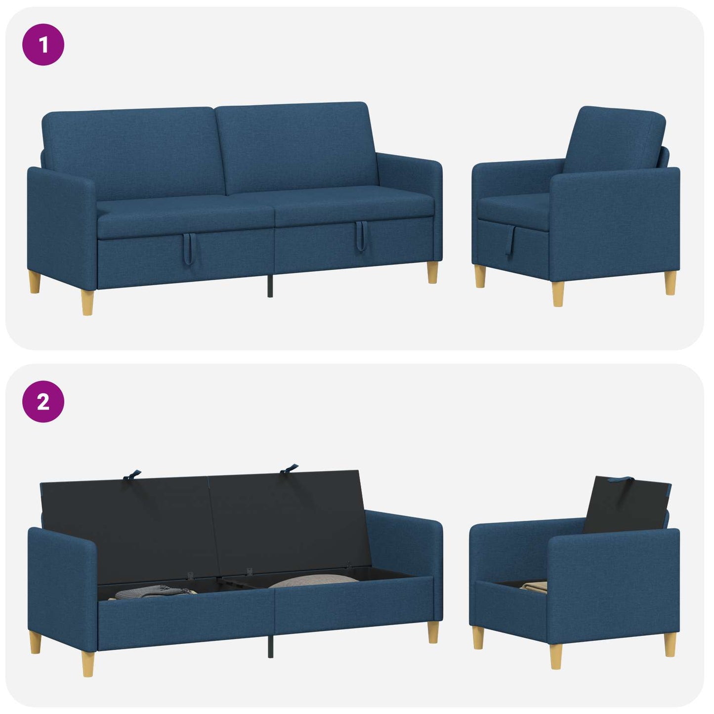 Set di Divani con Storage 2 pz Blu Poliestere