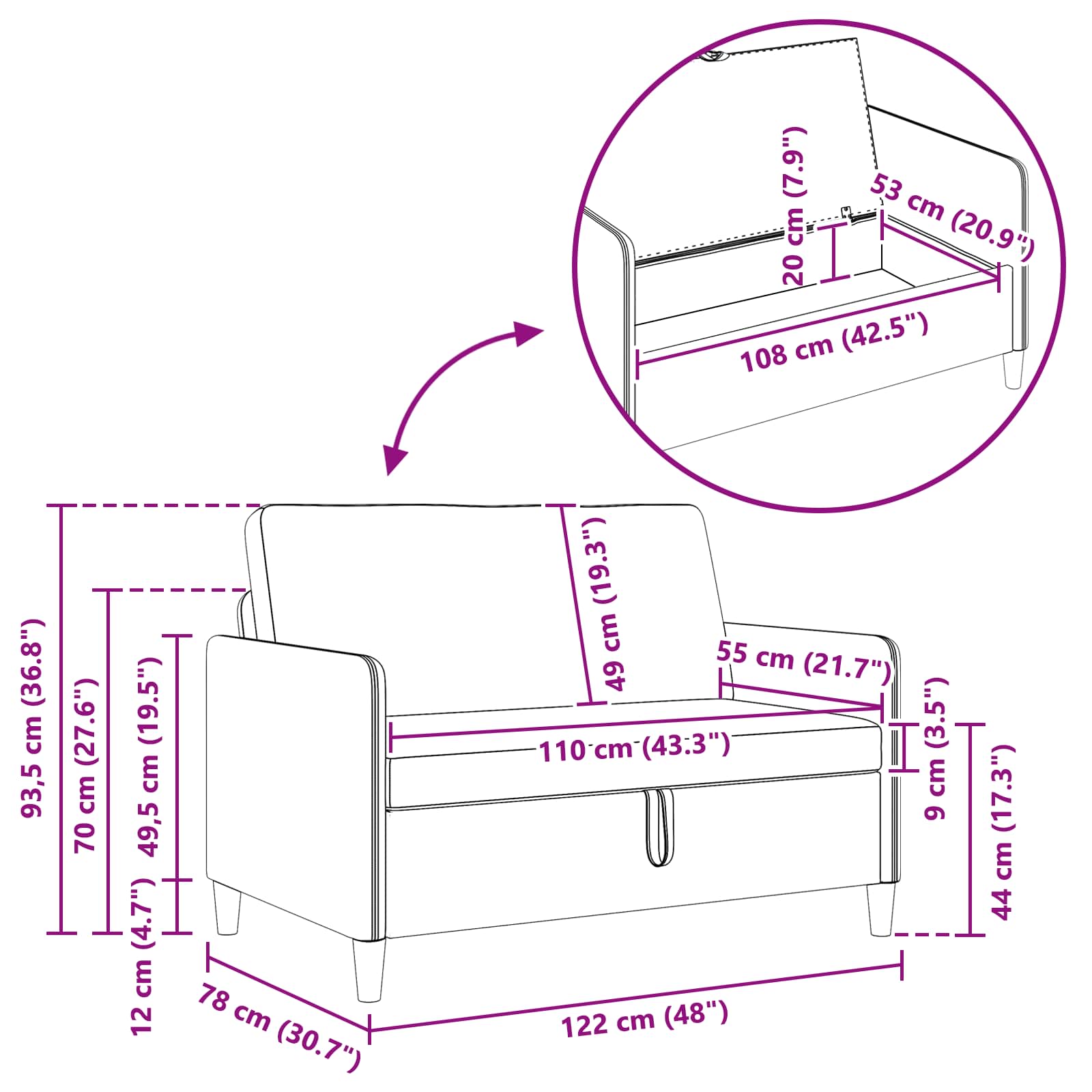 Divano con Storage Rosa 122 x 78 x 87 cm Poliestere | homemem39