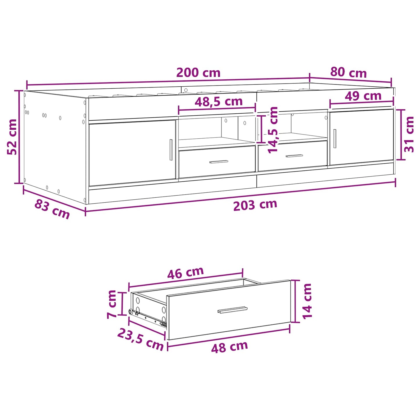 Telaio del letto con storage Sonoma grigio 80 x 200 cm | homemem39