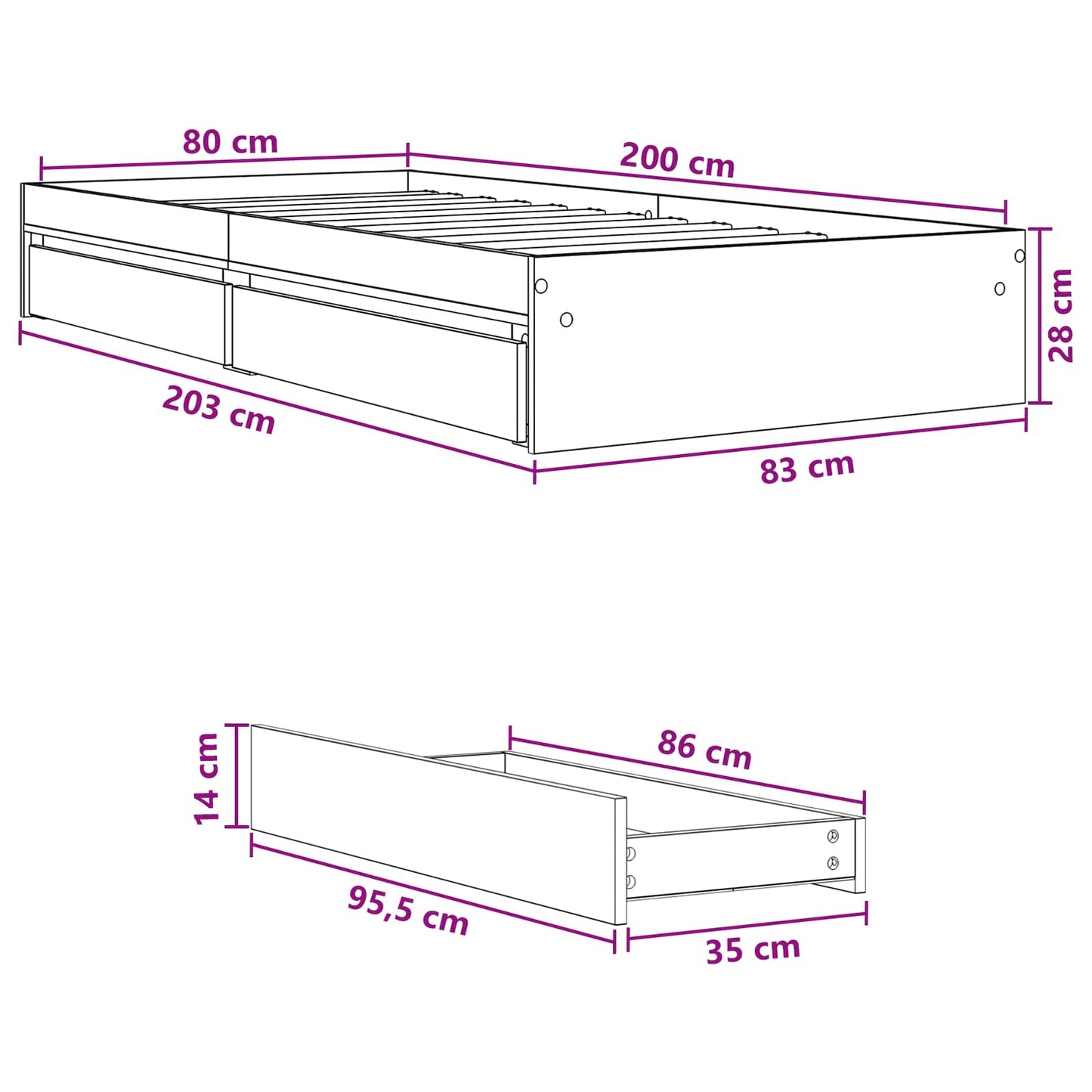 Telaio del letto con storage Grigio Cemento 80 x 200 cm | homemem39