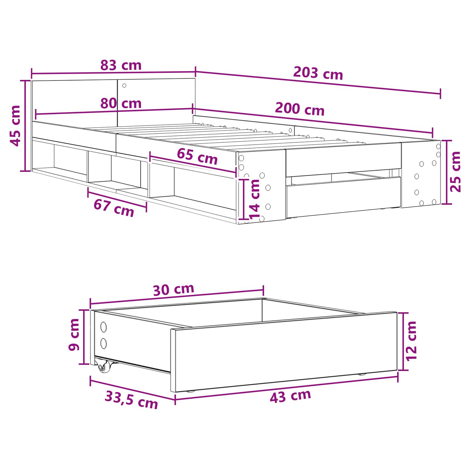 Telaio del letto con storage Grigio Cemento 80 x 200 cm | homemem39
