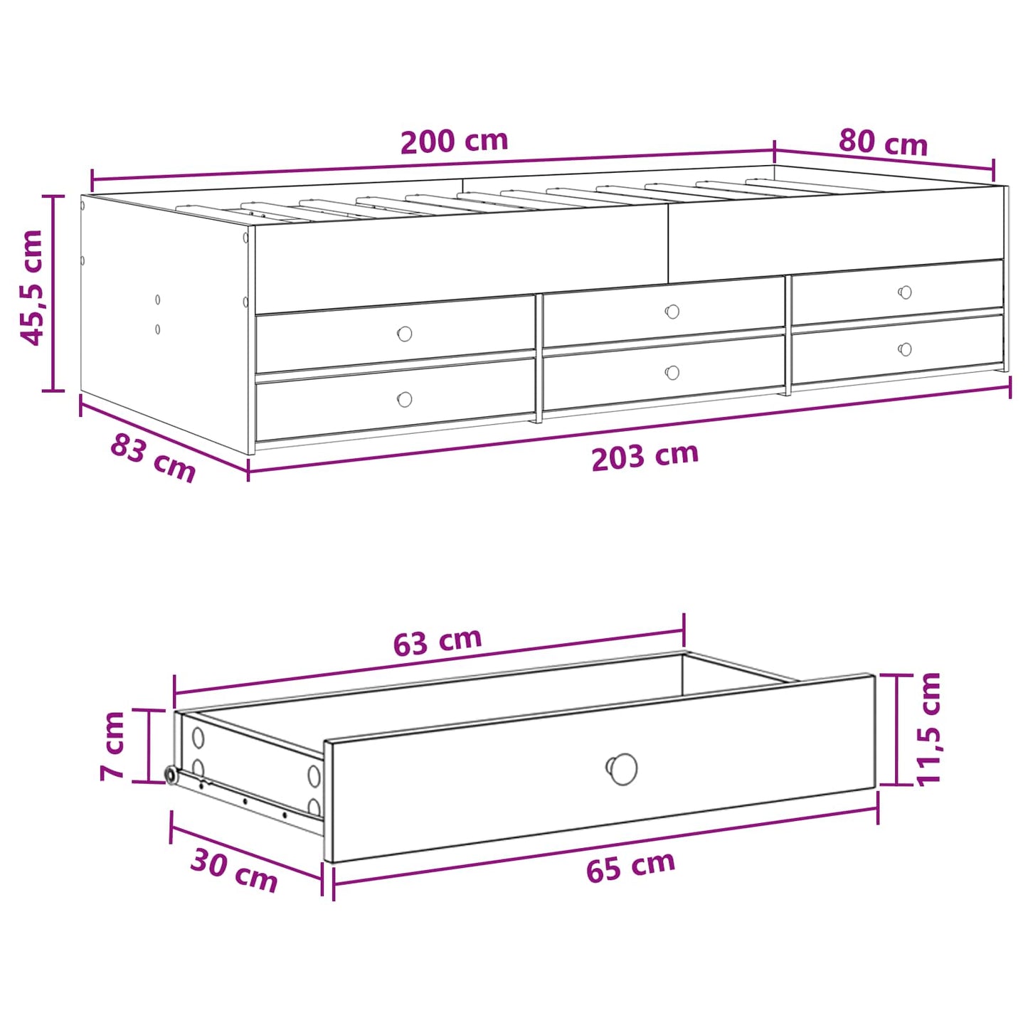Telaio del letto con storage Rovere Nero 80 x 200 cm | homemem39