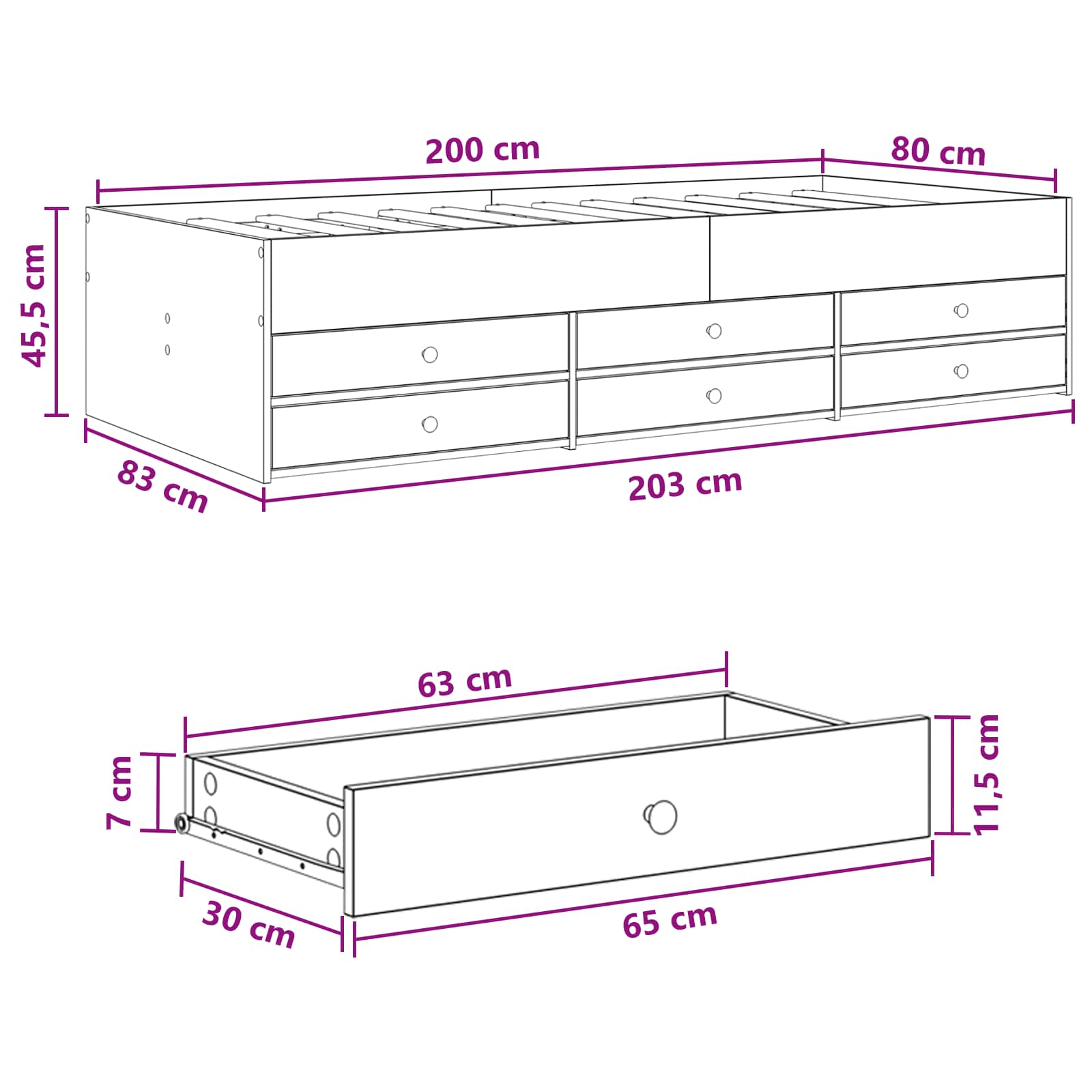 Telaio del letto con storage Rovere Nero 80 x 200 cm | homemem39