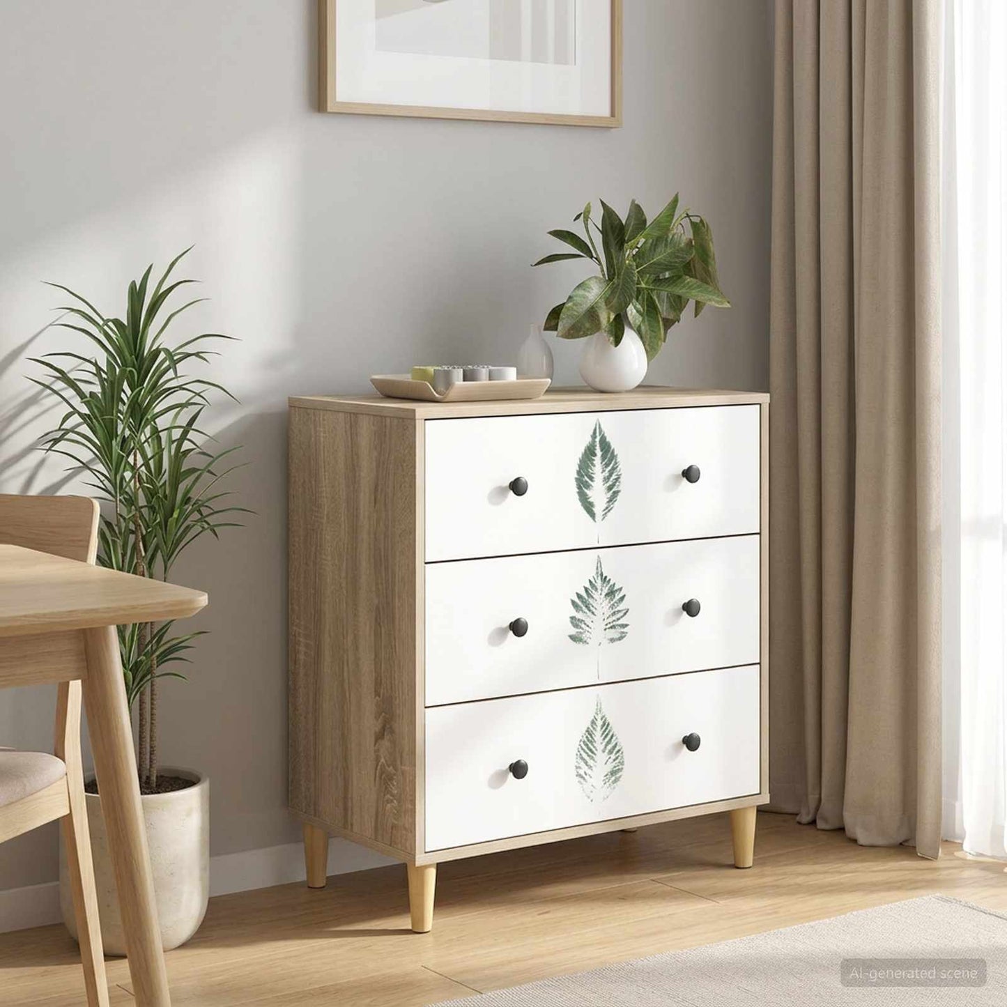 Cassettiera HANAU Stampa foglia verde 66 x 36,5 x 75 cm Sonoma