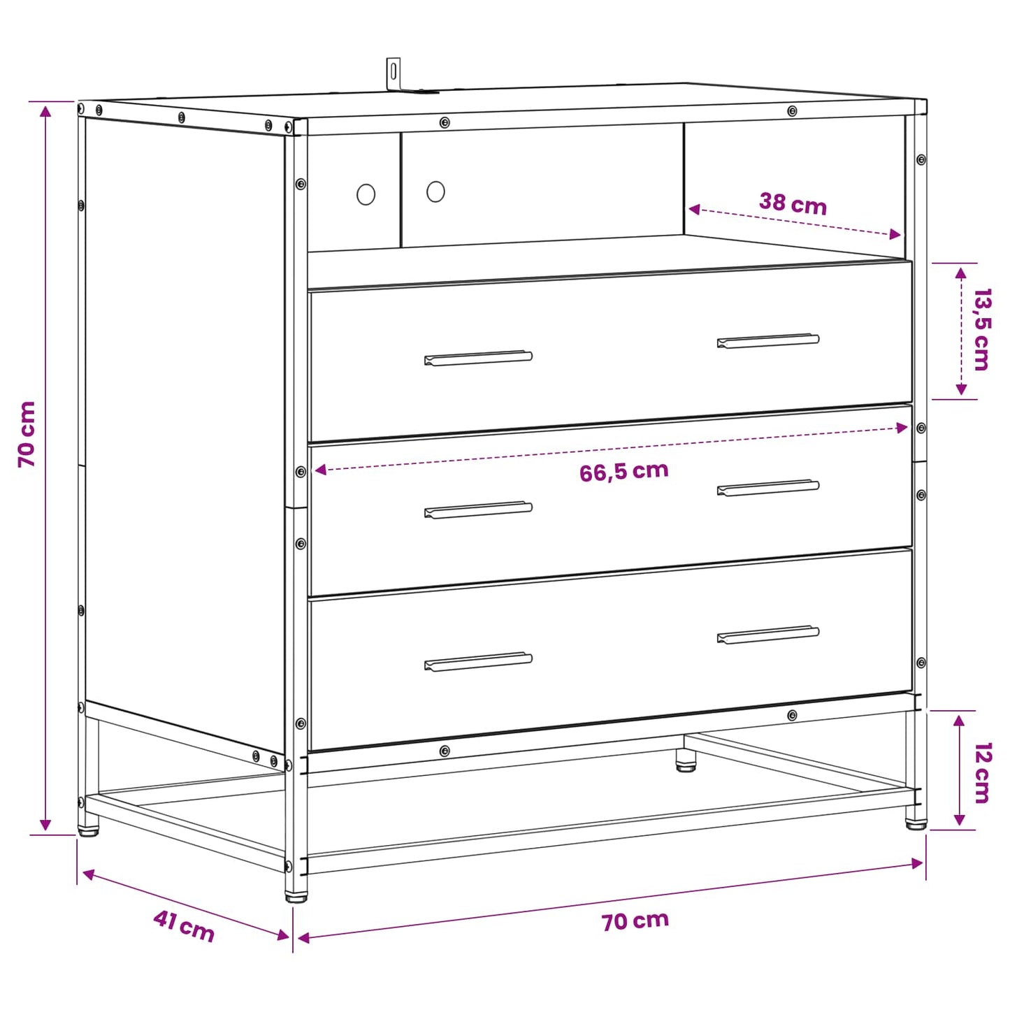 Mobile con Cassetti 3-Cassetto Rovere nero 70 x 41 x 70 cm