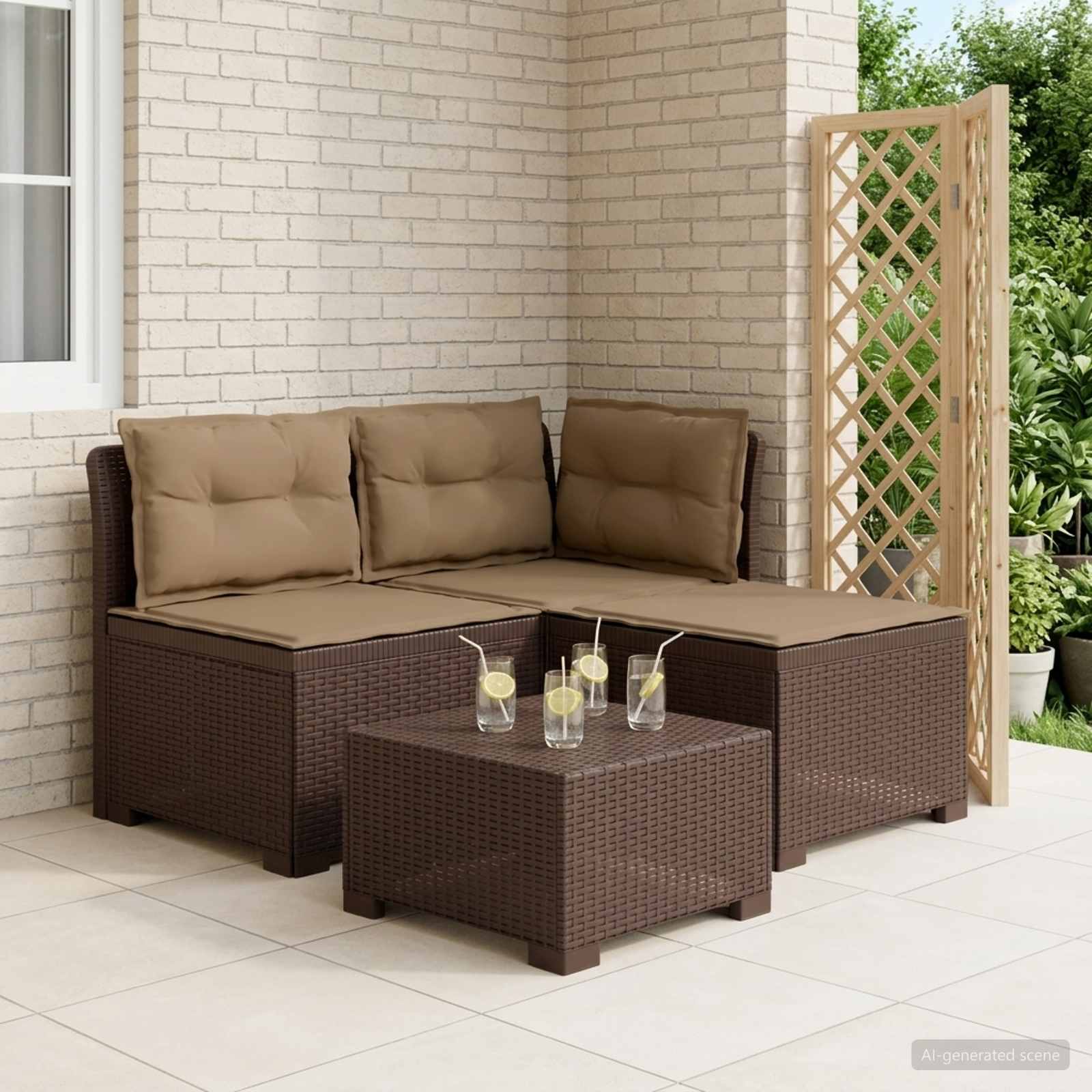 Divano da giardino 3 posti con cuscini in look rattan PP | homemem39