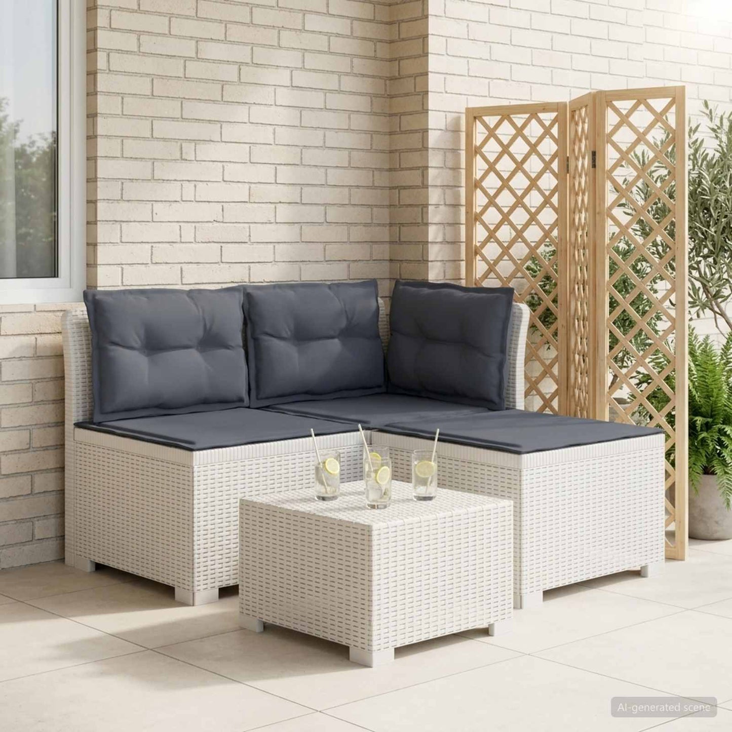 Divano da giardino 3 posti con cuscini in look rattan PP Bianco