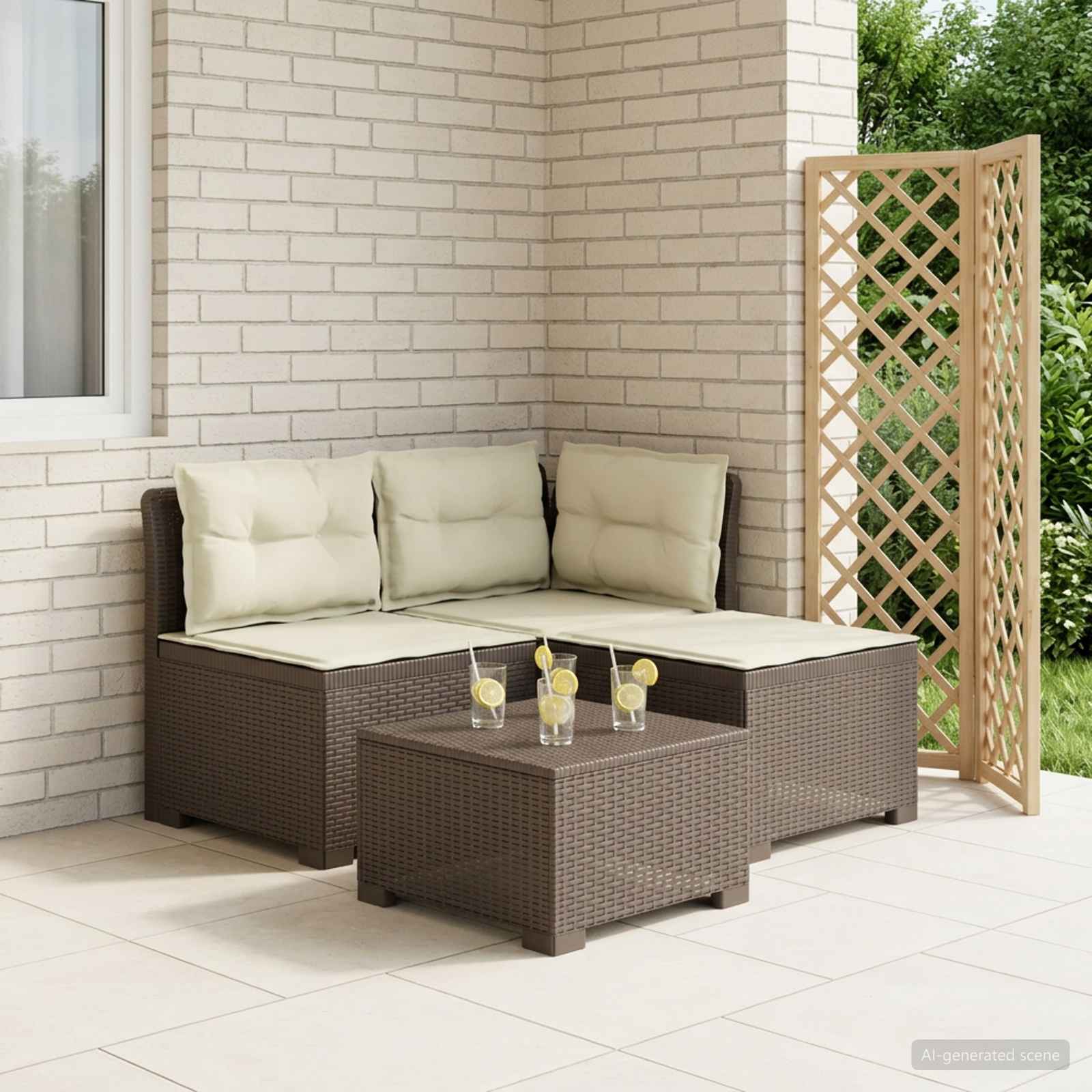 Divano da giardino 3 posti con cuscini in look rattan PP | homemem39