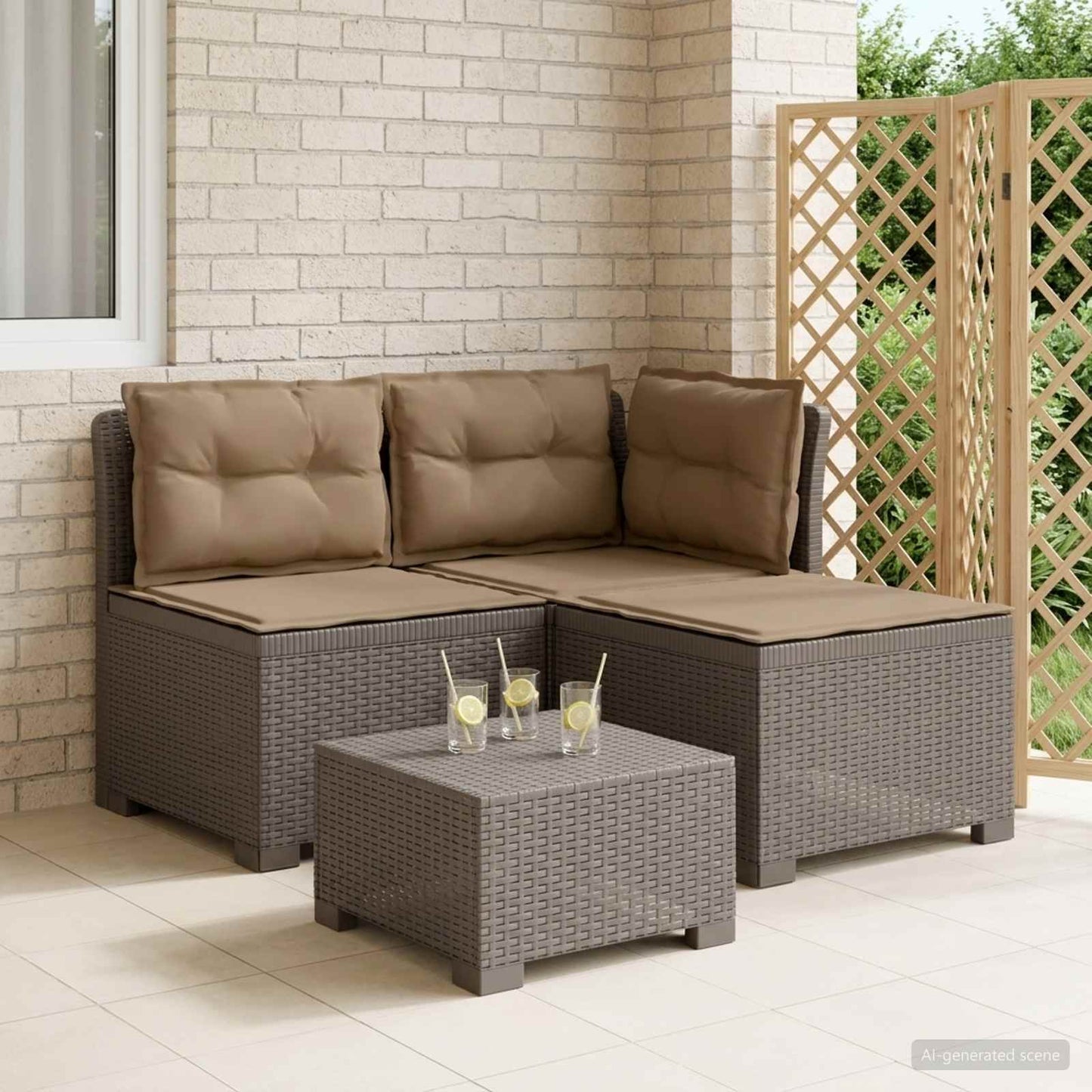 Divano da giardino 3 posti con cuscini in look rattan PP