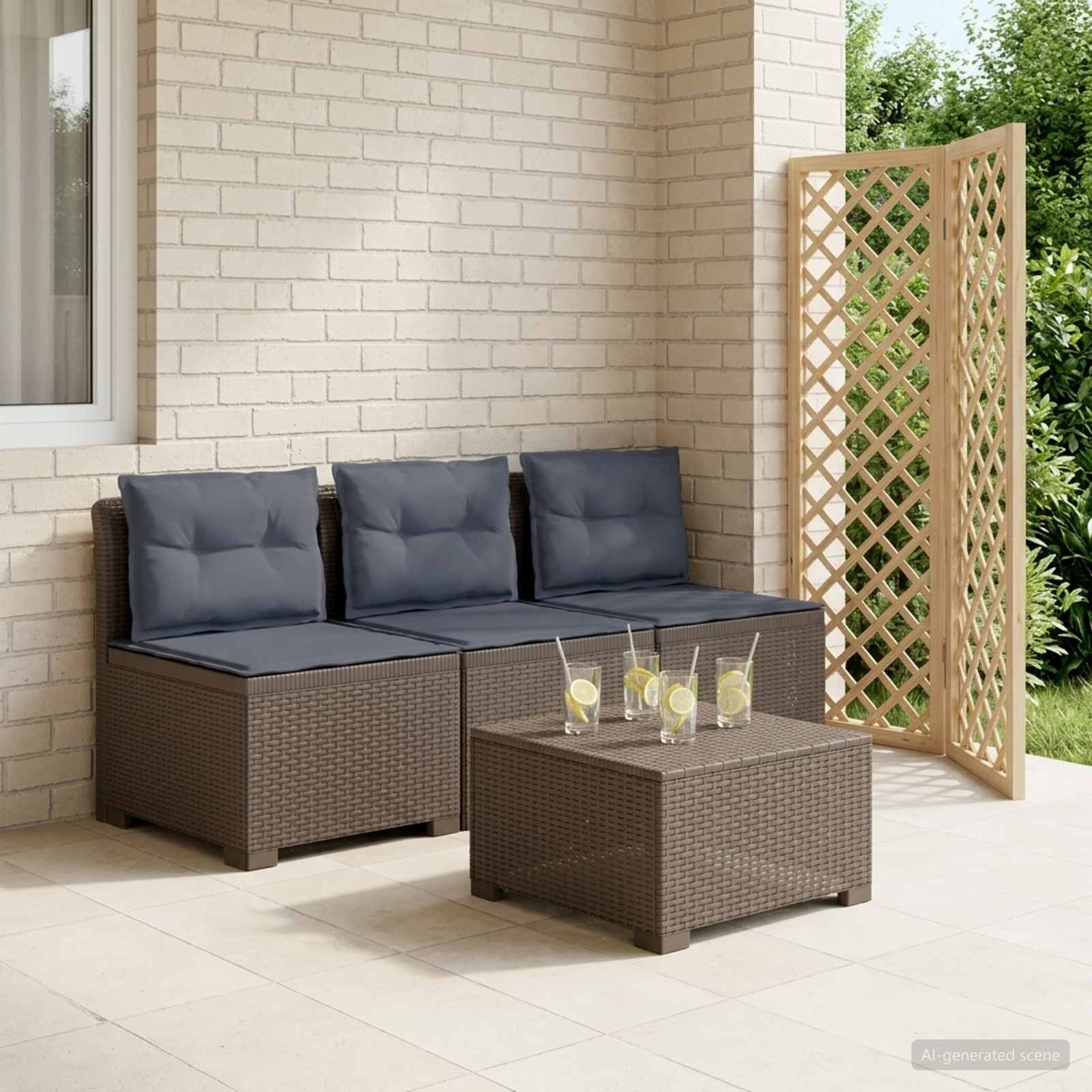 Divano da giardino 3 posti con cuscini in look rattan PP | homemem39