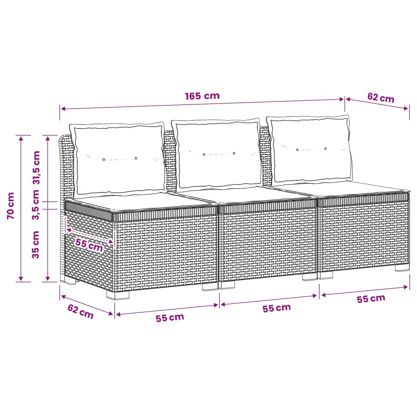 Divano da giardino 3 posti con cuscini in look rattan PP | homemem39