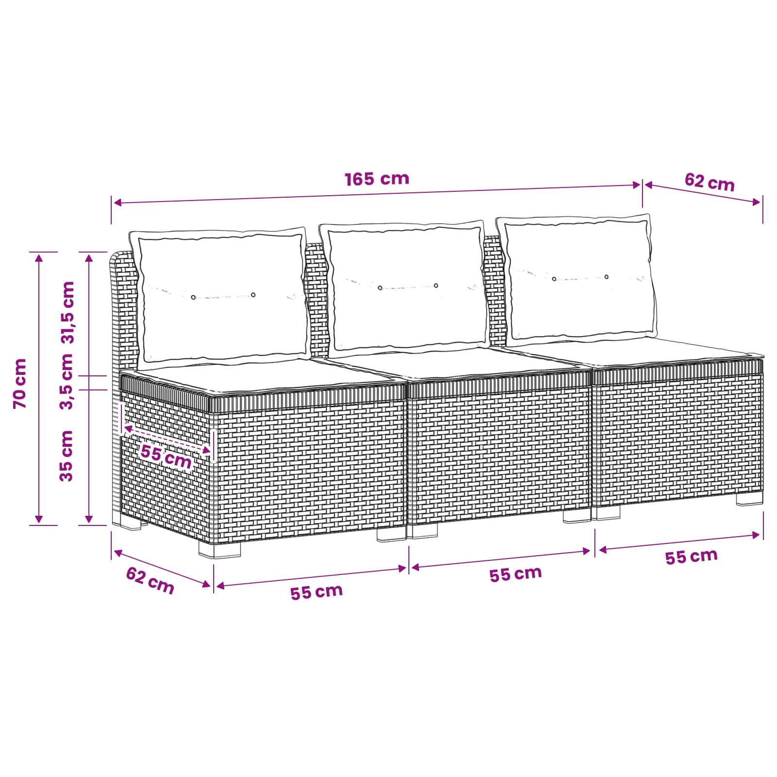 Divano da giardino 3 posti con cuscini in look rattan PP | homemem39