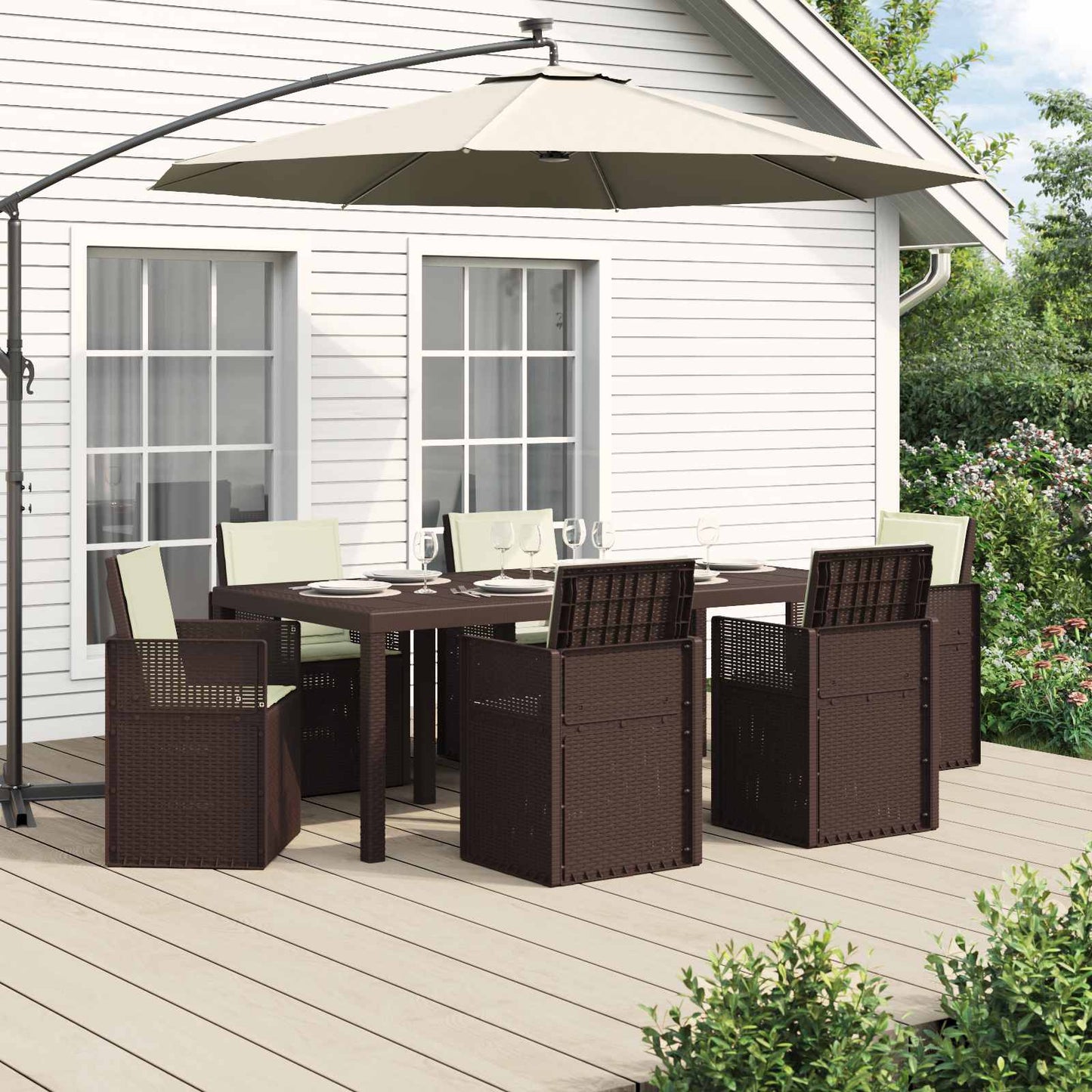 Set da Pranzo per Giardino con cuscino 7 pcs Marrone e Crema PP | homemem39
