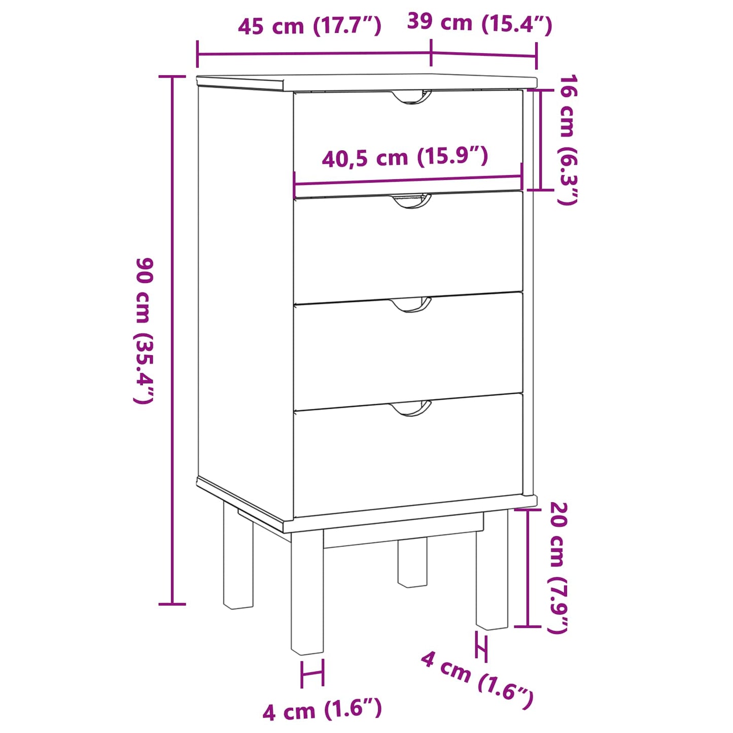 Cassettiera OTTA Nero 45 x 39 x 90 cm Legno Massello di Pino | homemem39