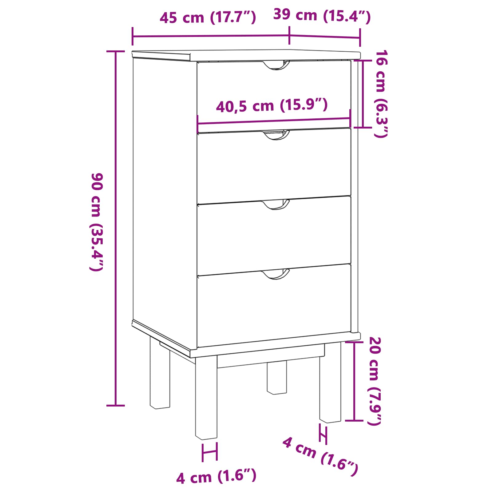 Cassettiera OTTA Nero 45 x 39 x 90 cm Legno Massello di Pino | homemem39