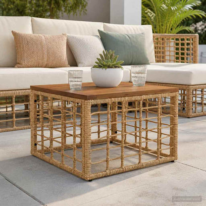 Tavolo da Giardino Naturale 55 x 55 x 37 cm Rattan PE e Vetro