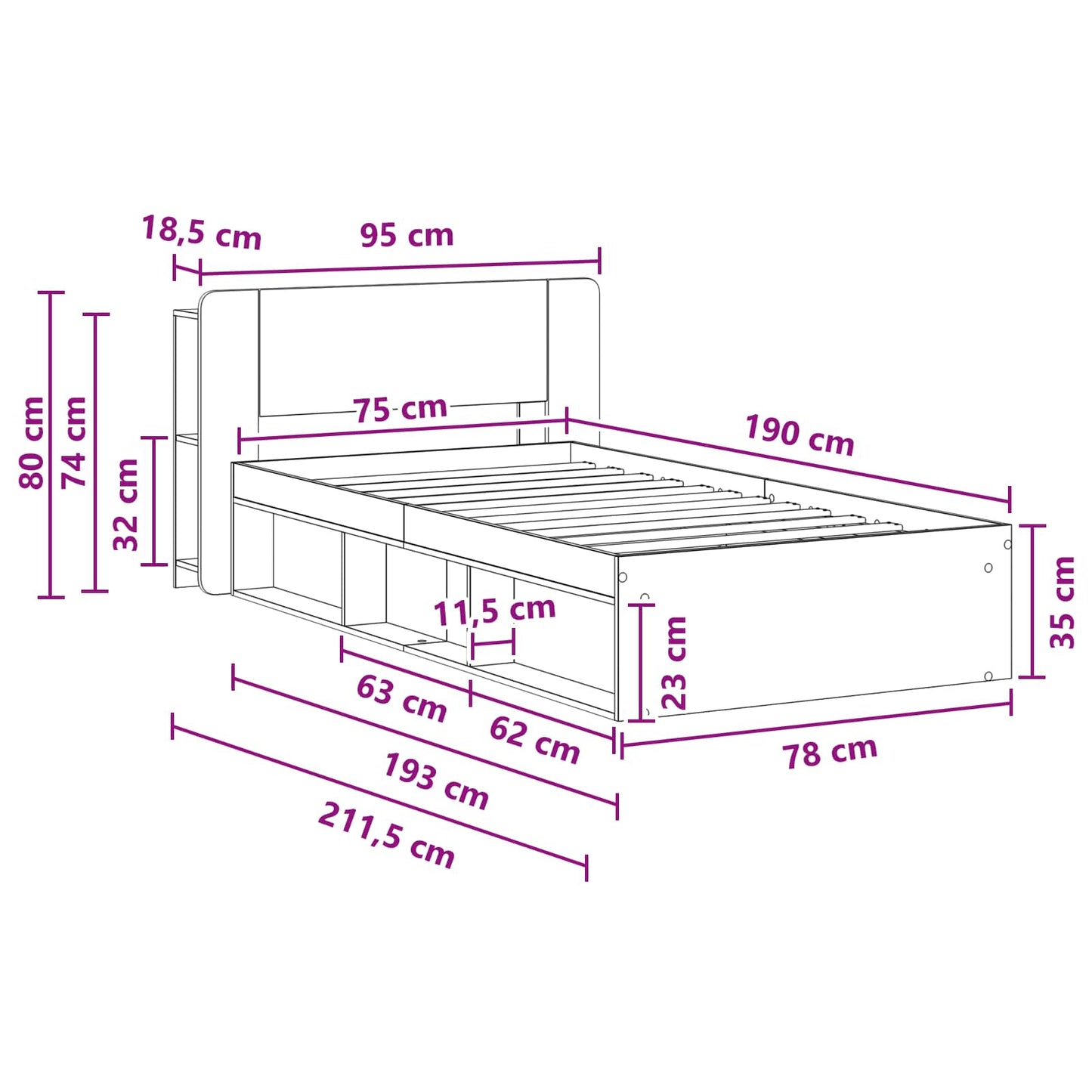 Telaio del letto con storage Grigio Cemento 75 x 190 cm | homemem39