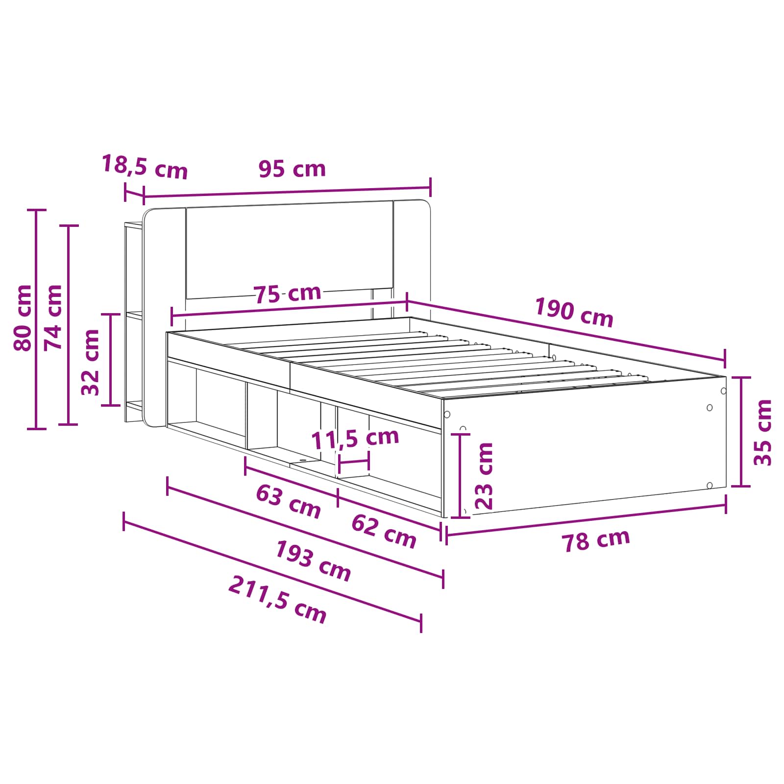 Telaio del letto con storage con testiera Bianco 75 x 190 cm | homemem39