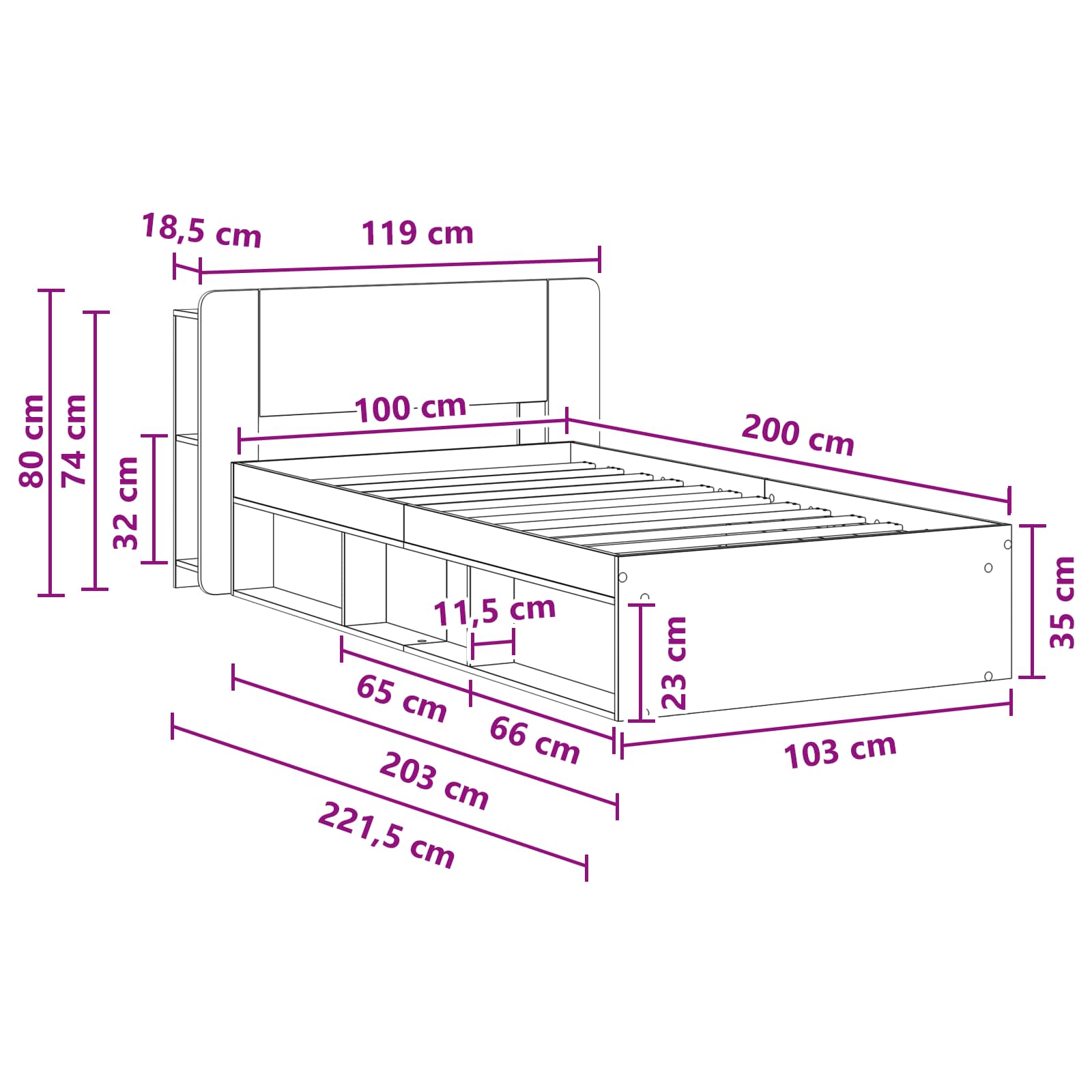 Telaio del letto con storage con testiera Nero 100 x 200 cm | homemem39
