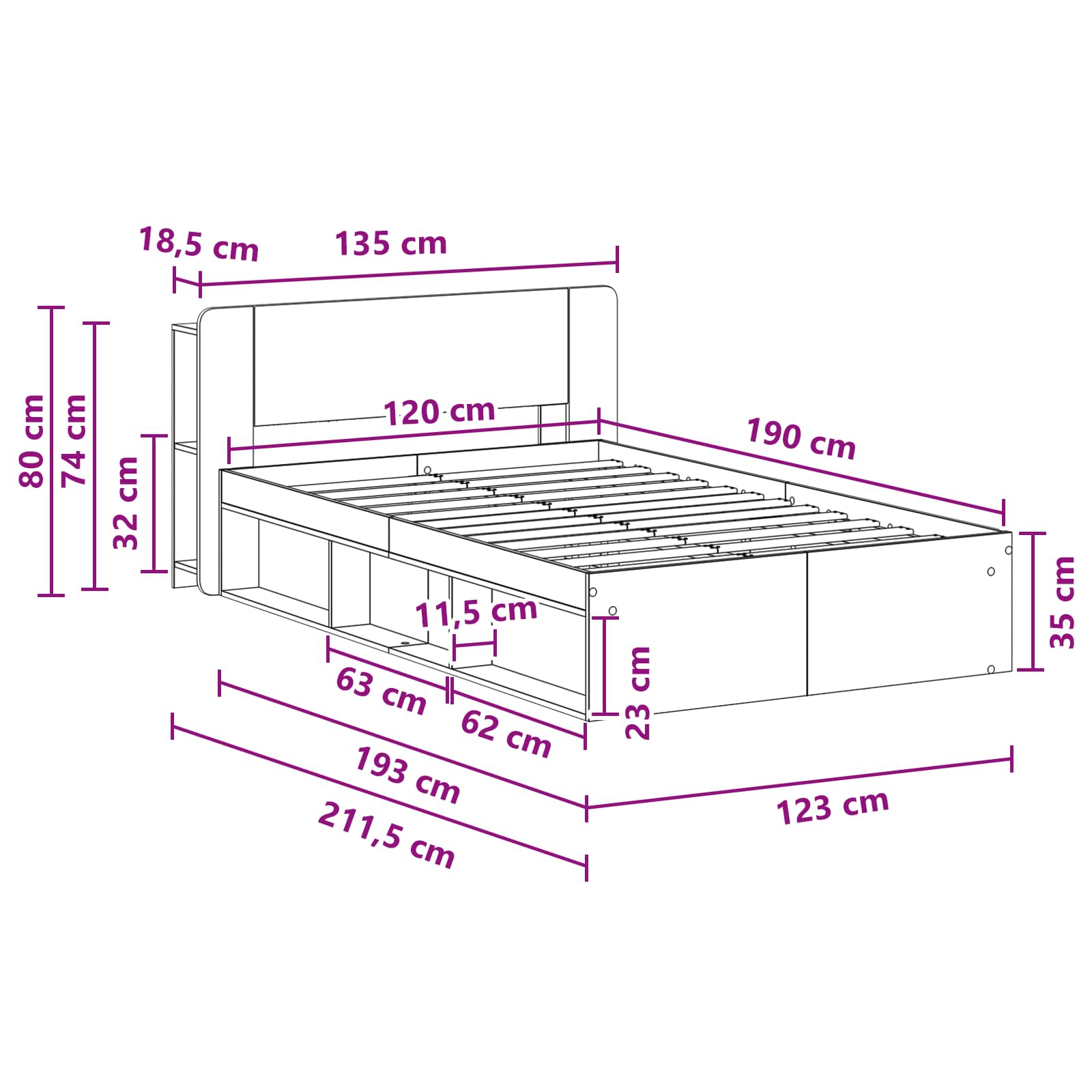 Telaio del letto con storage Legno antico 120 x 190 cm | homemem39