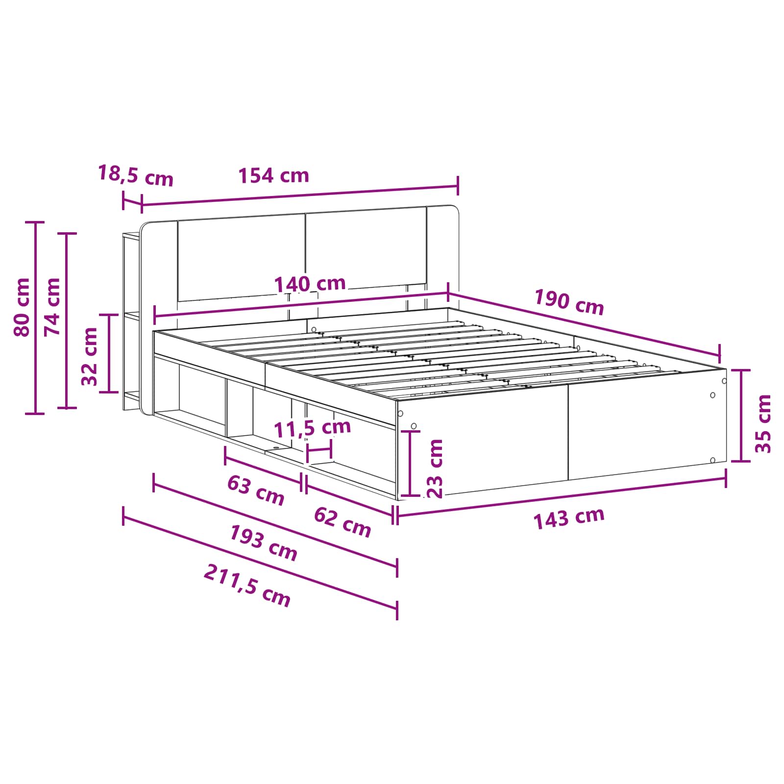 Telaio del letto con storage Legno antico 140 x 190 cm | homemem39