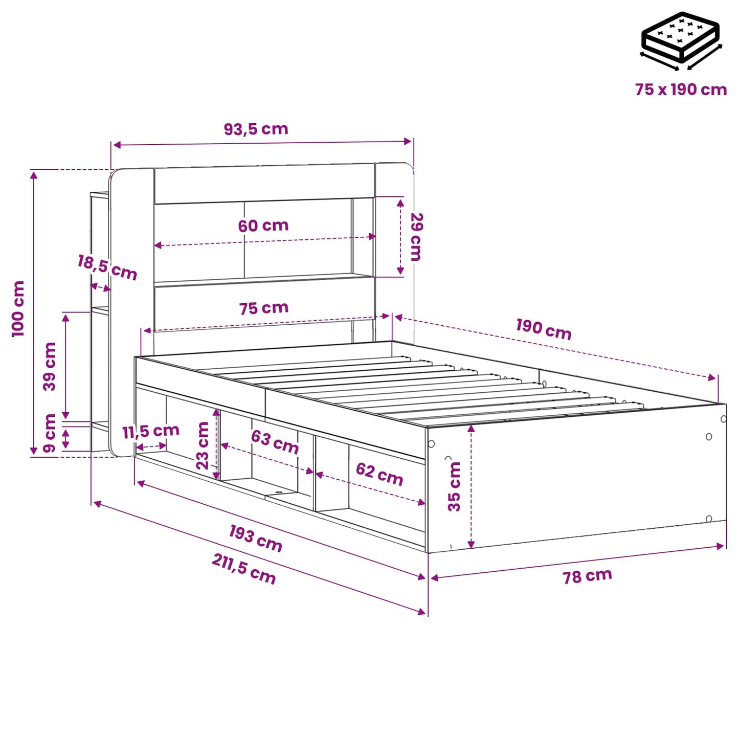 Telaio del letto con storage con testiera Nero 75 x 190 cm | homemem39