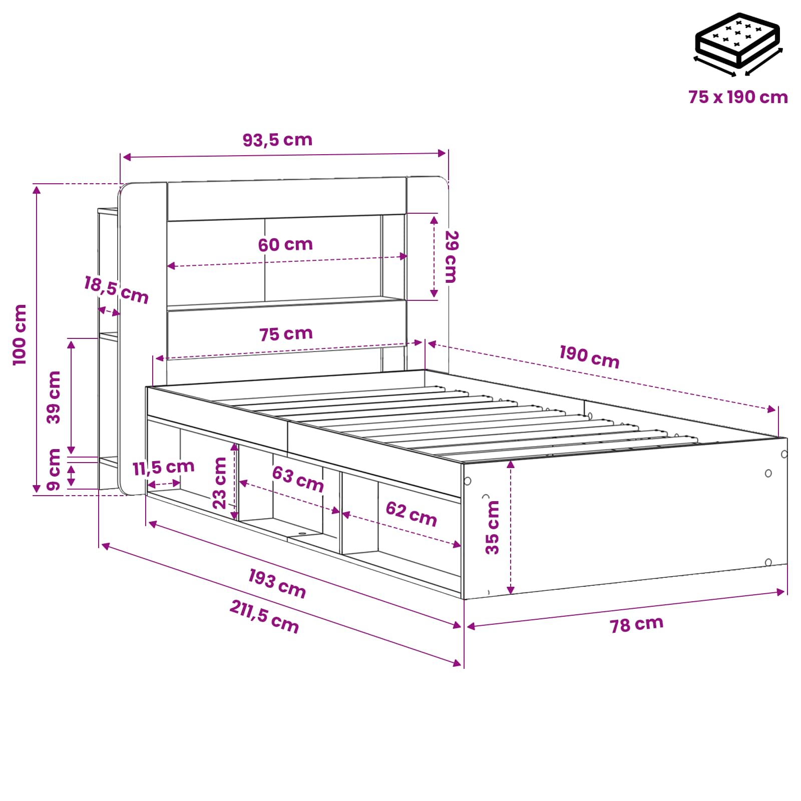 Telaio del letto con storage con testiera Nero 75 x 190 cm | homemem39