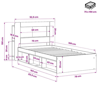 Telaio del letto con storage con testiera Nero 75 x 190 cm | homemem39