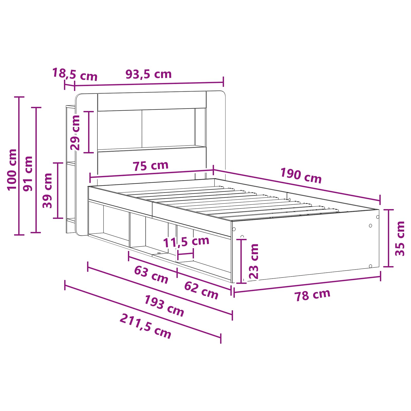 Telaio del letto con storage Grigio Cemento 75 x 190 cm | homemem39