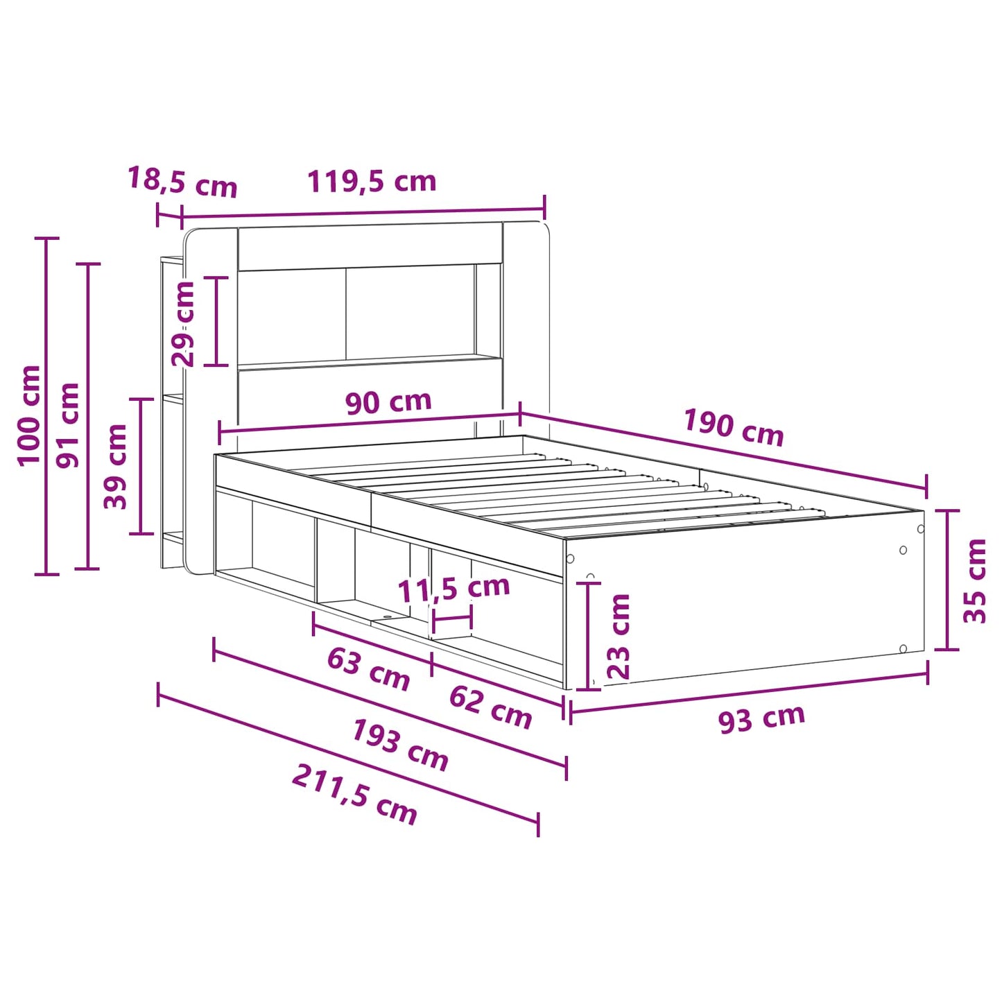 Telaio del letto con storage Rovere Artigianale 90 x 190 cm | homemem39