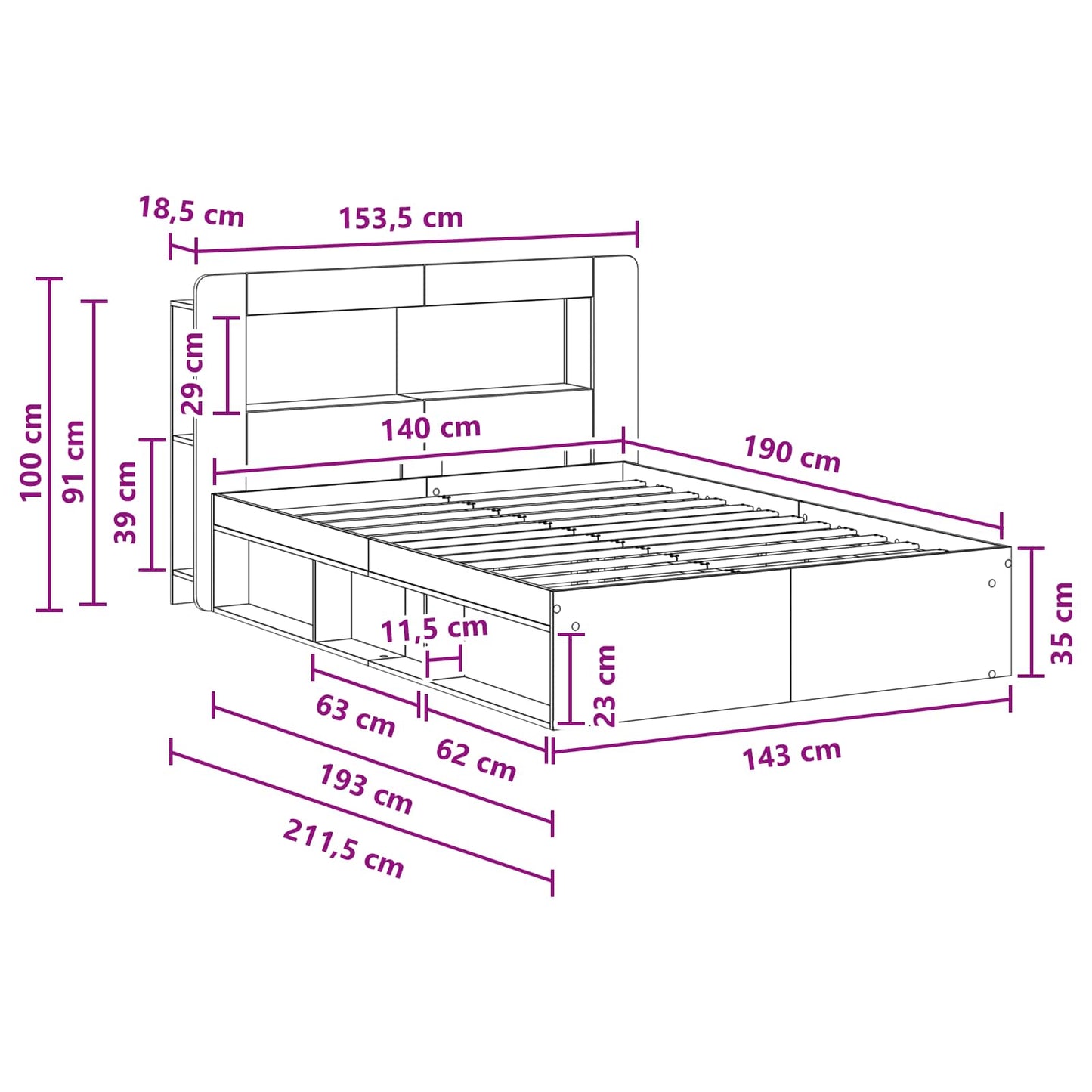 Telaio del letto con storage Sonoma grigio 140 x 190 cm | homemem39