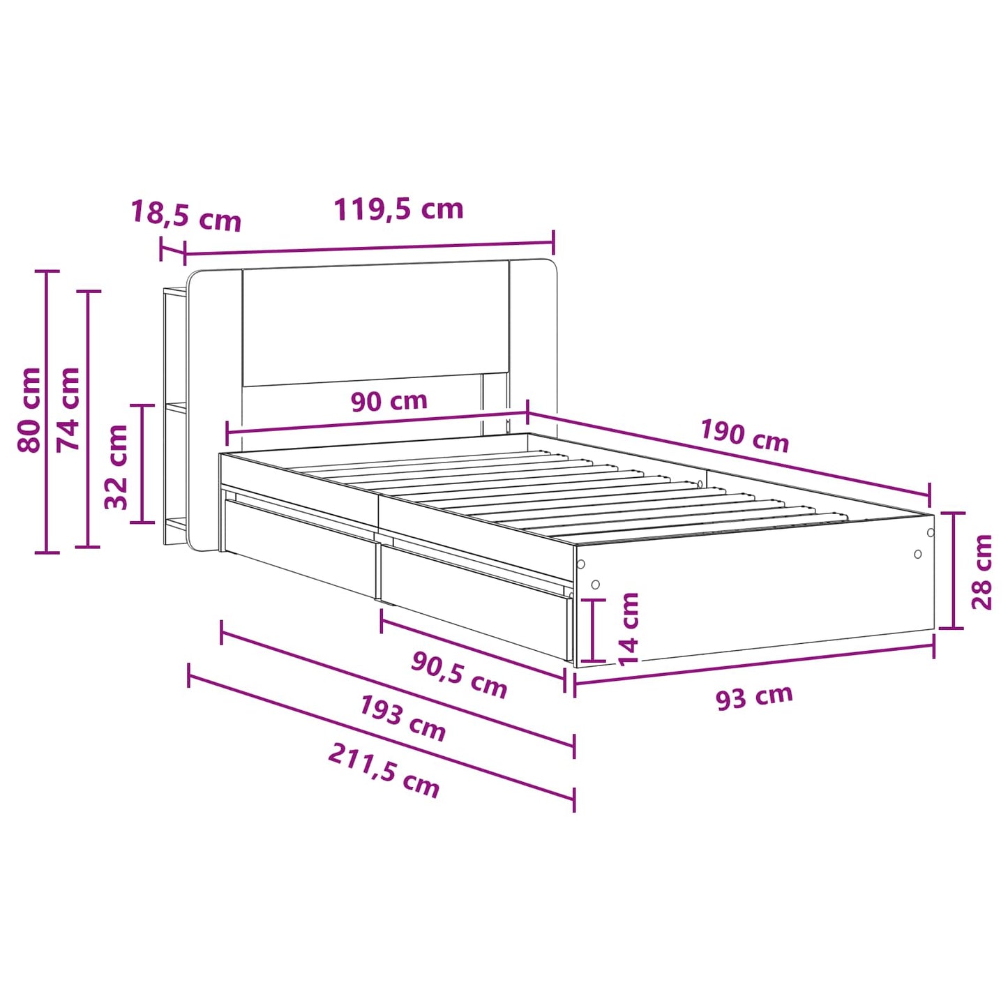 Telaio del letto con storage Grigio Cemento 90 x 190 cm | homemem39