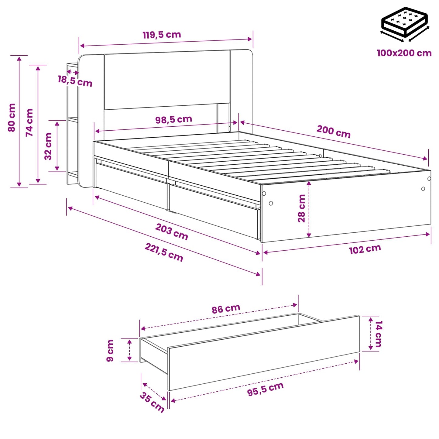 Telaio del letto con storage Rovere Sonoma 100 x 200 cm | homemem39