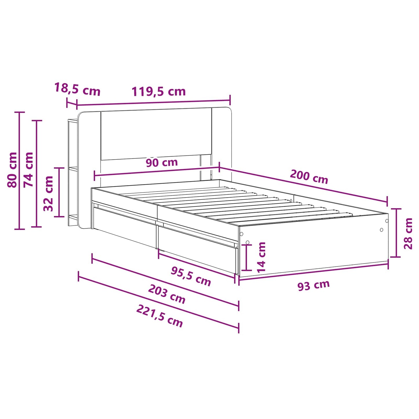 Telaio del letto con storage Sonoma grigio 90 x 200 cm | homemem39