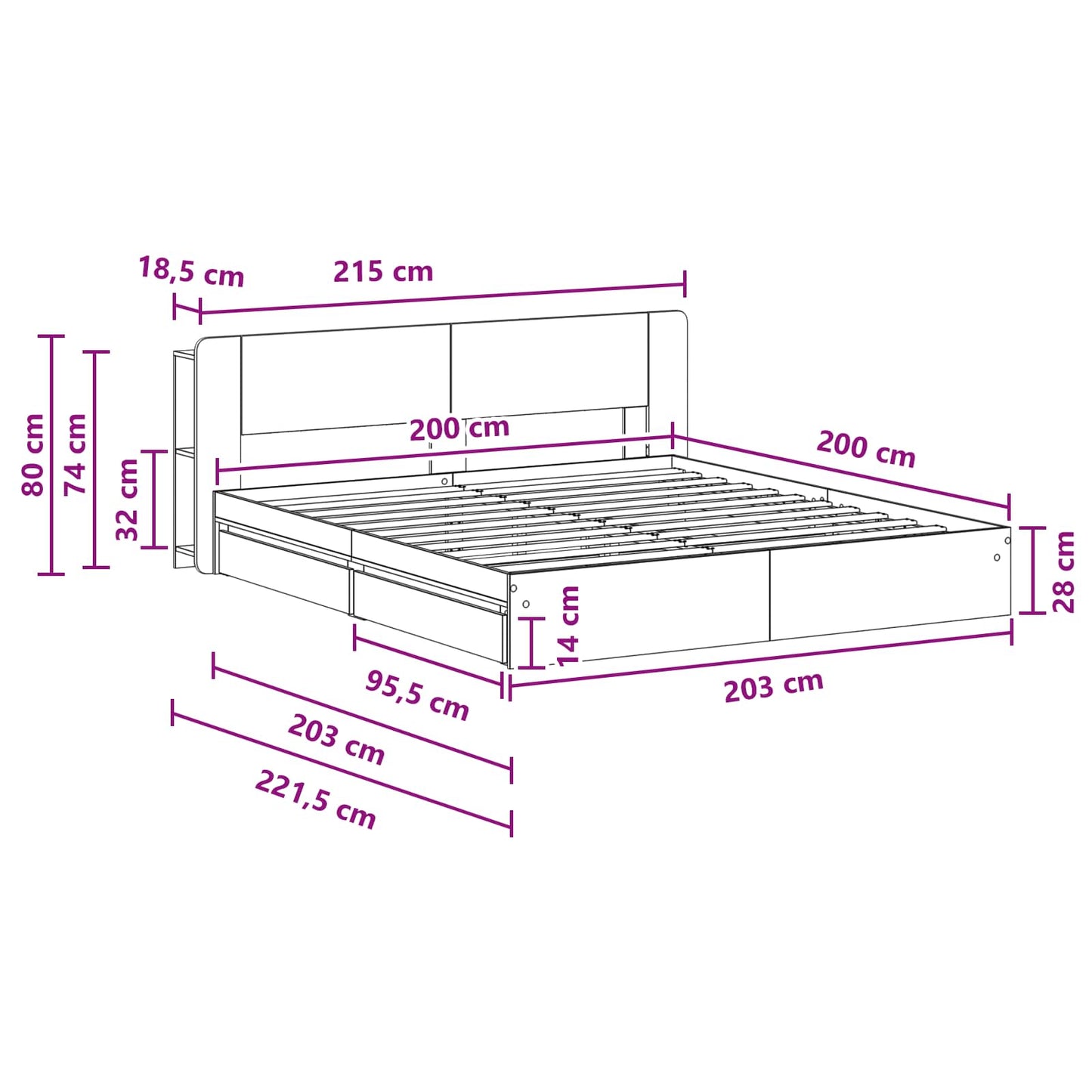 Telaio del letto con storage con cassetto Nero 200 x 200 cm | homemem39