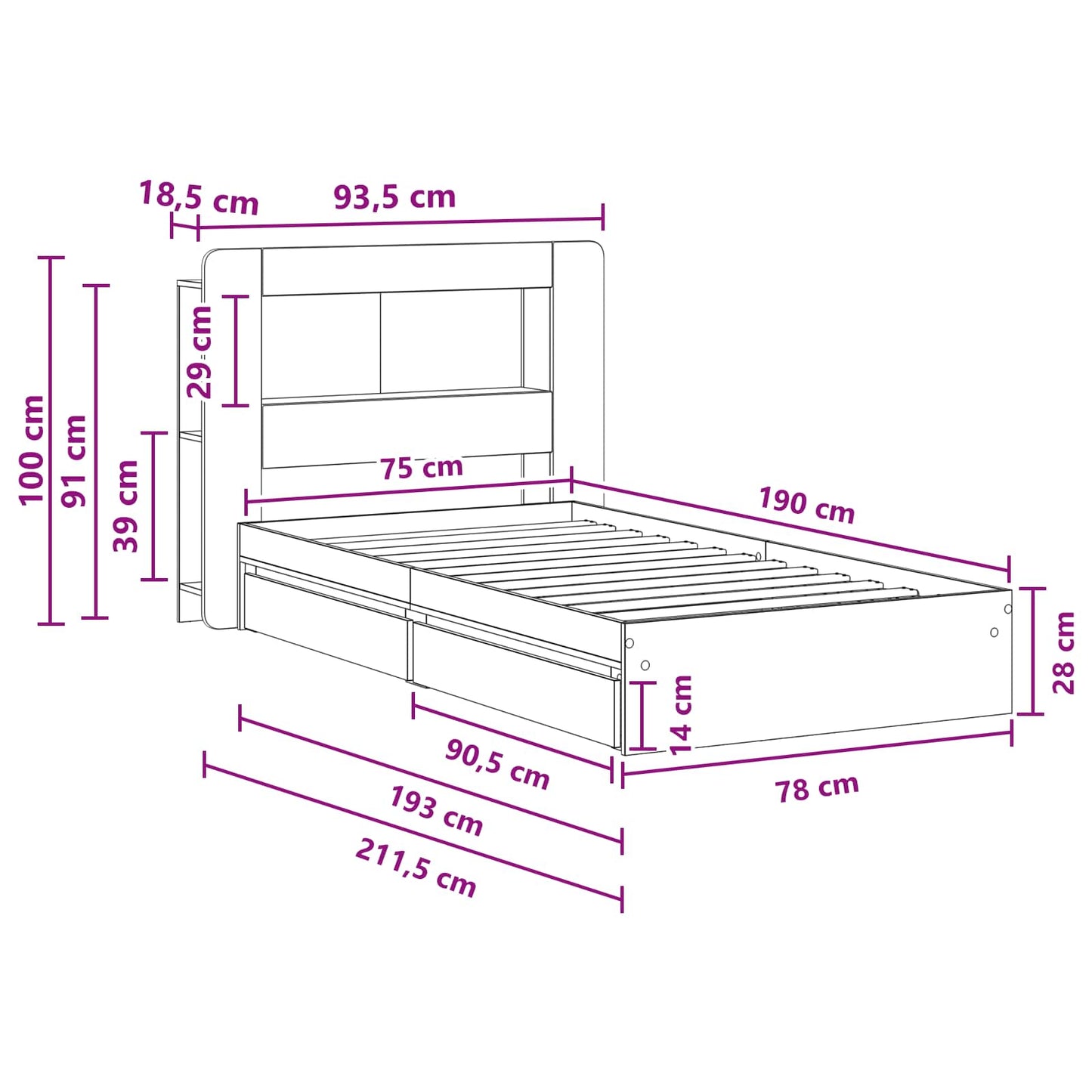 Telaio del letto con storage Rovere Fumo 75 x 190 cm | homemem39