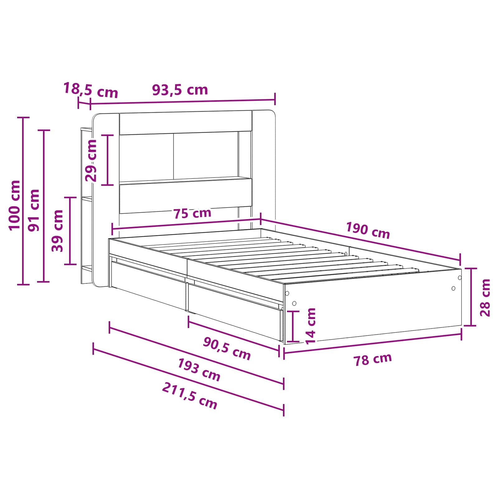 Telaio del letto con storage con cassetto Bianco 75 x 190 cm | homemem39