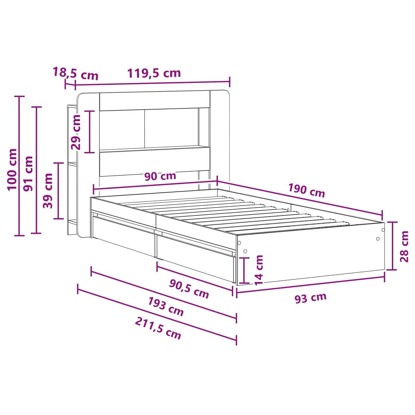 Telaio del letto con storage con cassetto Nero 90 x 190 cm | homemem39