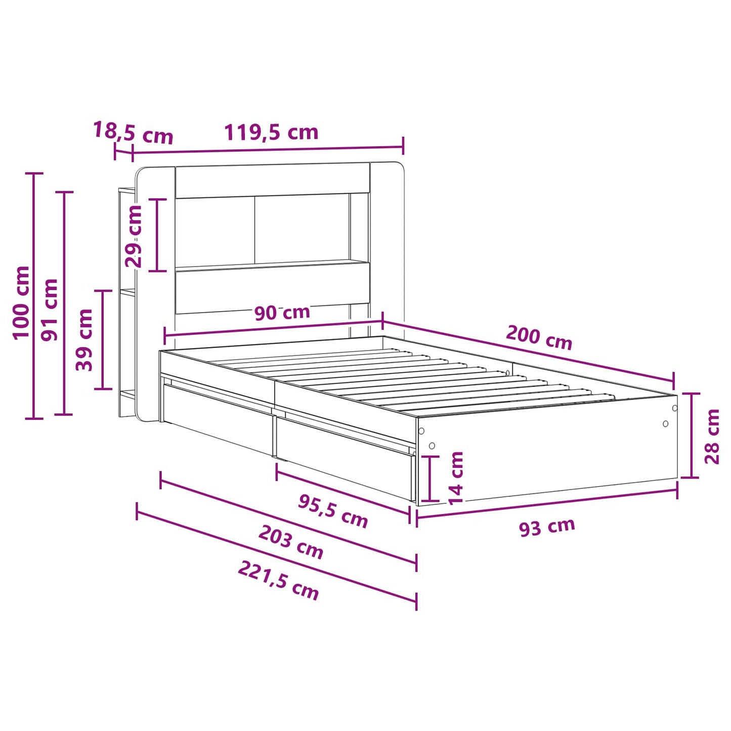 Telaio del letto con storage Rovere Sonoma 90 x 200 cm | homemem39